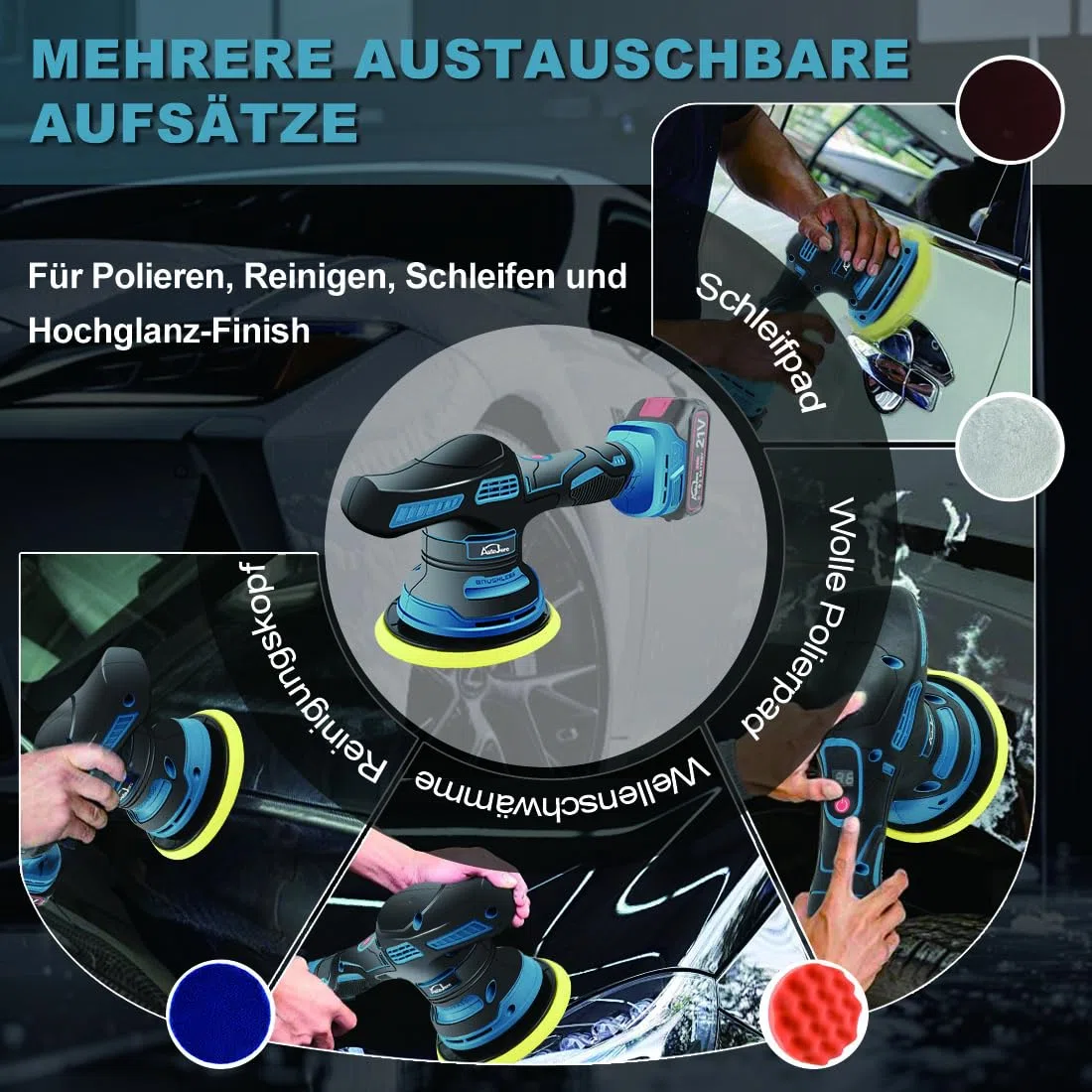 Akku Poliermaschine Auto 6 Zoll Exzenterpolierer mit 8 Geschwindigkeiten, 4pcs Auto Poliermaschinen Set, 2x 2000mAh Akku für Autodetailing, Wachsen, Polieren