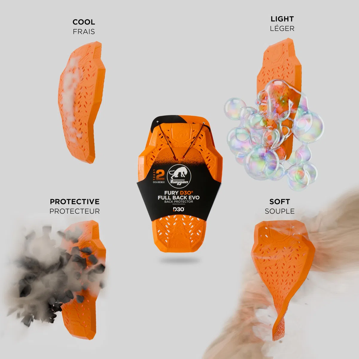 Furygan Full Back Fury D3O EVO – Level 2 zugelassener D3O-Rückenprotektor – zertifizierter Motorradschutz – Leichter, Flexibler Komfort – Belüftungssicherheit, Orange Version 2024 | Atmungsaktiv