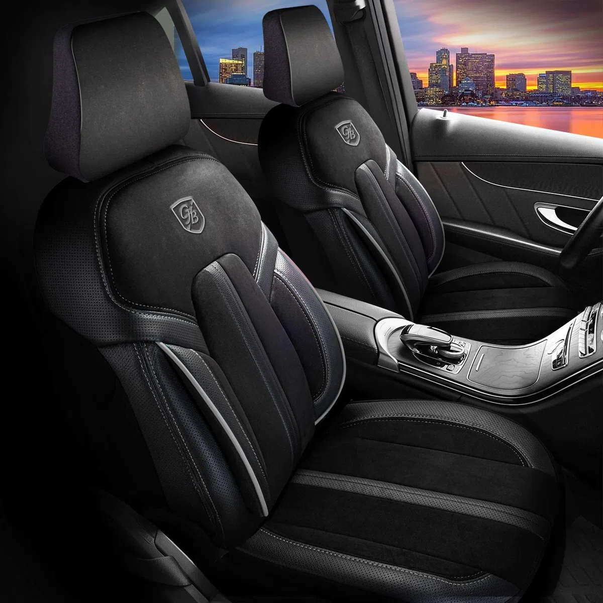 Autositzbezüge Universal für PKW & SUV – Premium Vordersitze Auto Sitzbezug aus Alcantara, Schwarz-Grau, Airbag-Kompatibel Sitzauflage, Autoschonbezug, Vordersitz-Set inkl. Montageset