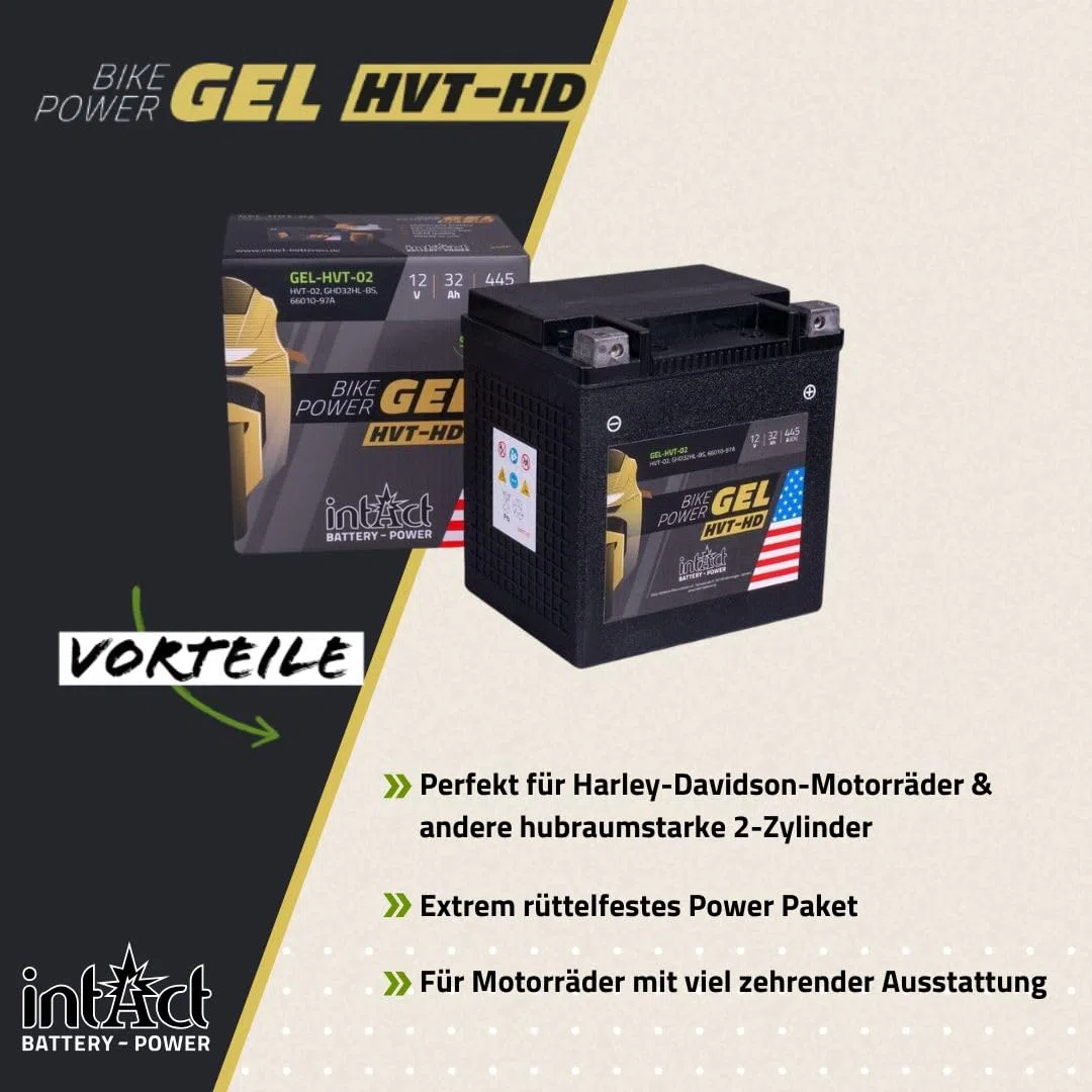 intAct - Gel HVT-02 MOTORRADBATTERIE - Motorrad Batterie Perfekt für Harley Davidson & andere hubraumstarke 2-Zylinder. Bike-Power GEL-HVT-02, GYZ32HL, 12V Batterie, 32 AH, 445 A. 169x131x174mm