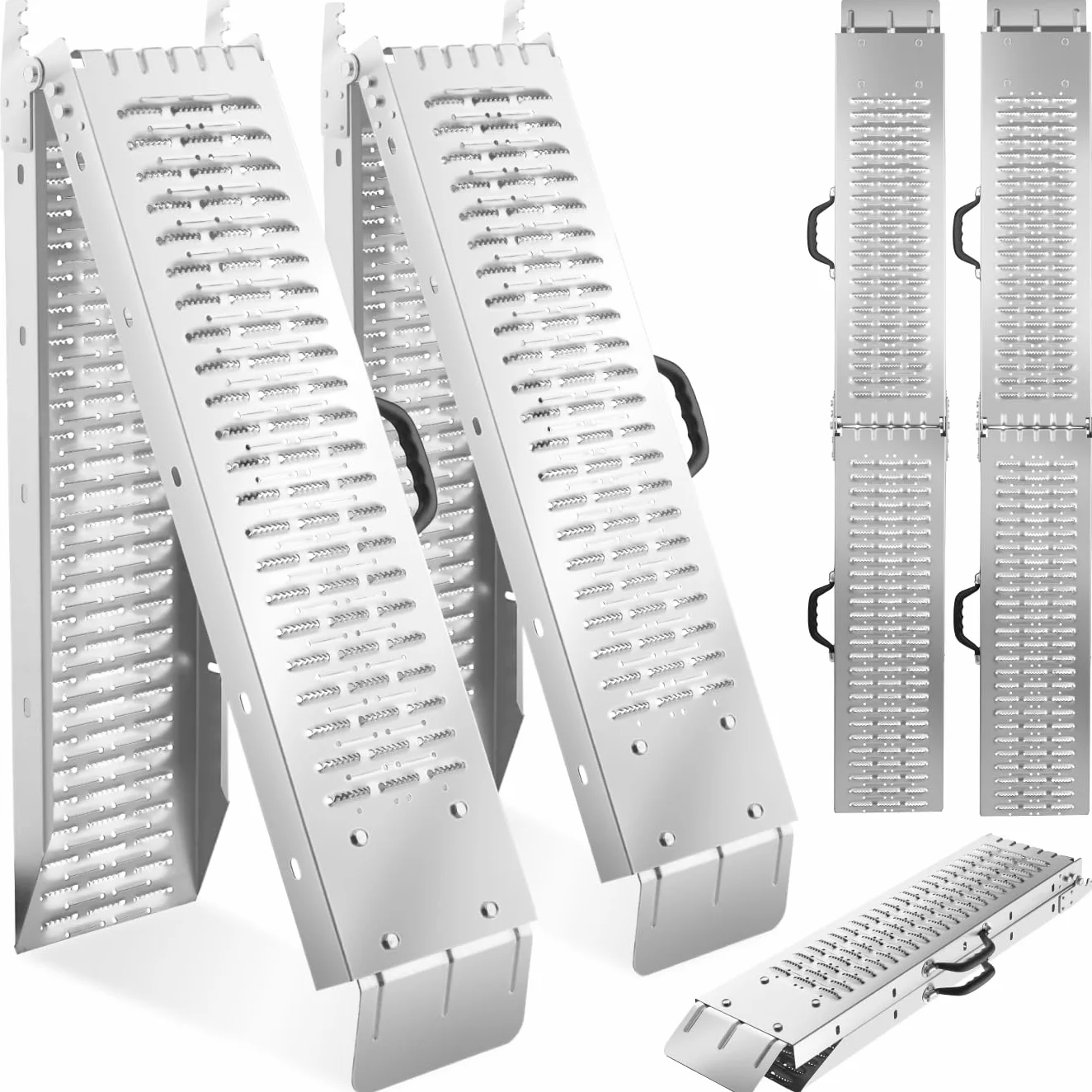 tectake® 2X Faltbare Auffahrrampen, Stahl Rampe, bis 400 kg belastbar, rutschfest, perforiert, Laderampe für Auto oder Anhänger, Auffahrrampe für Motorrad, Rasentraktor, Rollstuhl, Fahrrad (186 cm)