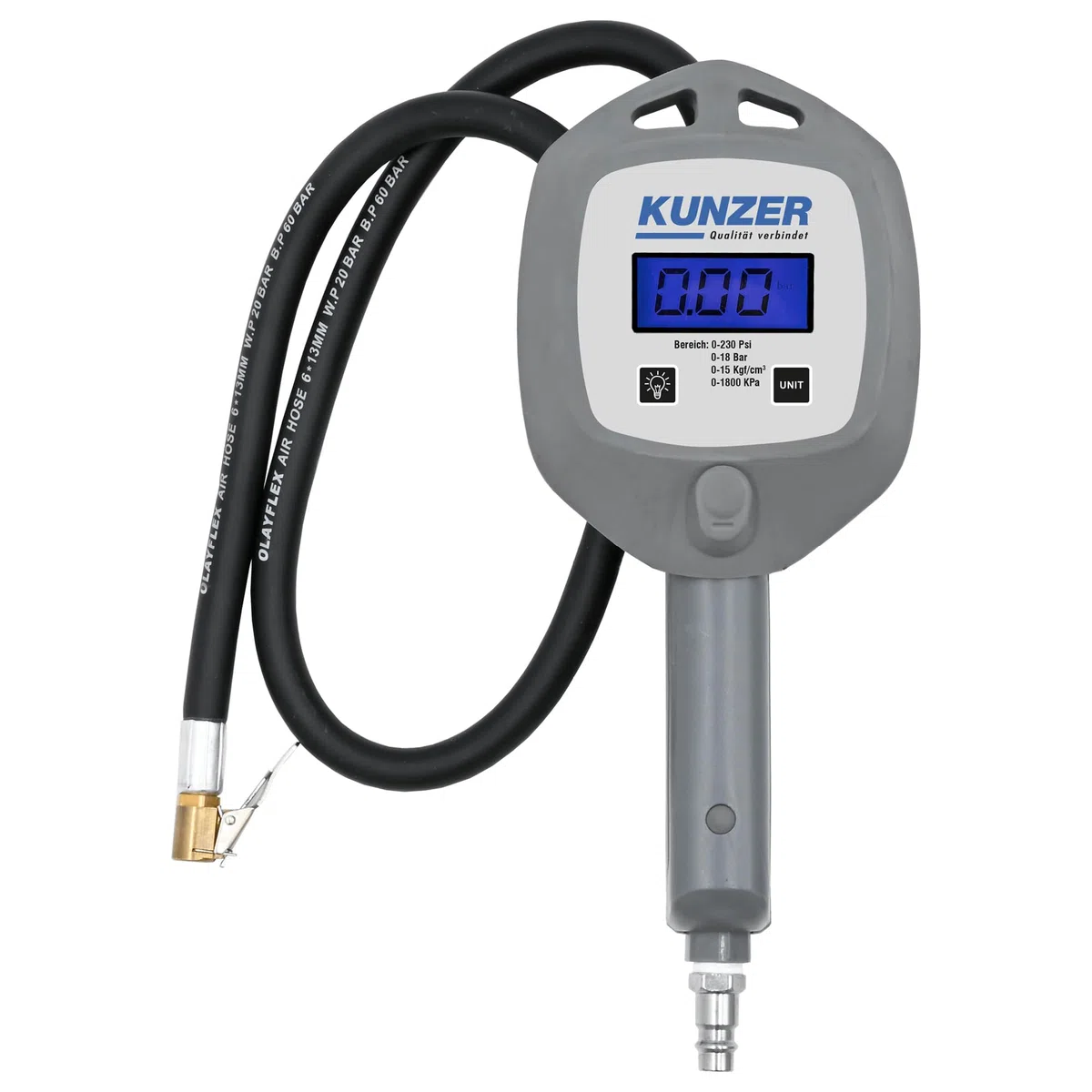 Kunzer 7HRD01 Handreifenfüller digital 0–18 bar - Für PKW- und LKW-Reifen mit 0,8 m Schlauch und 1/4" Anschluss