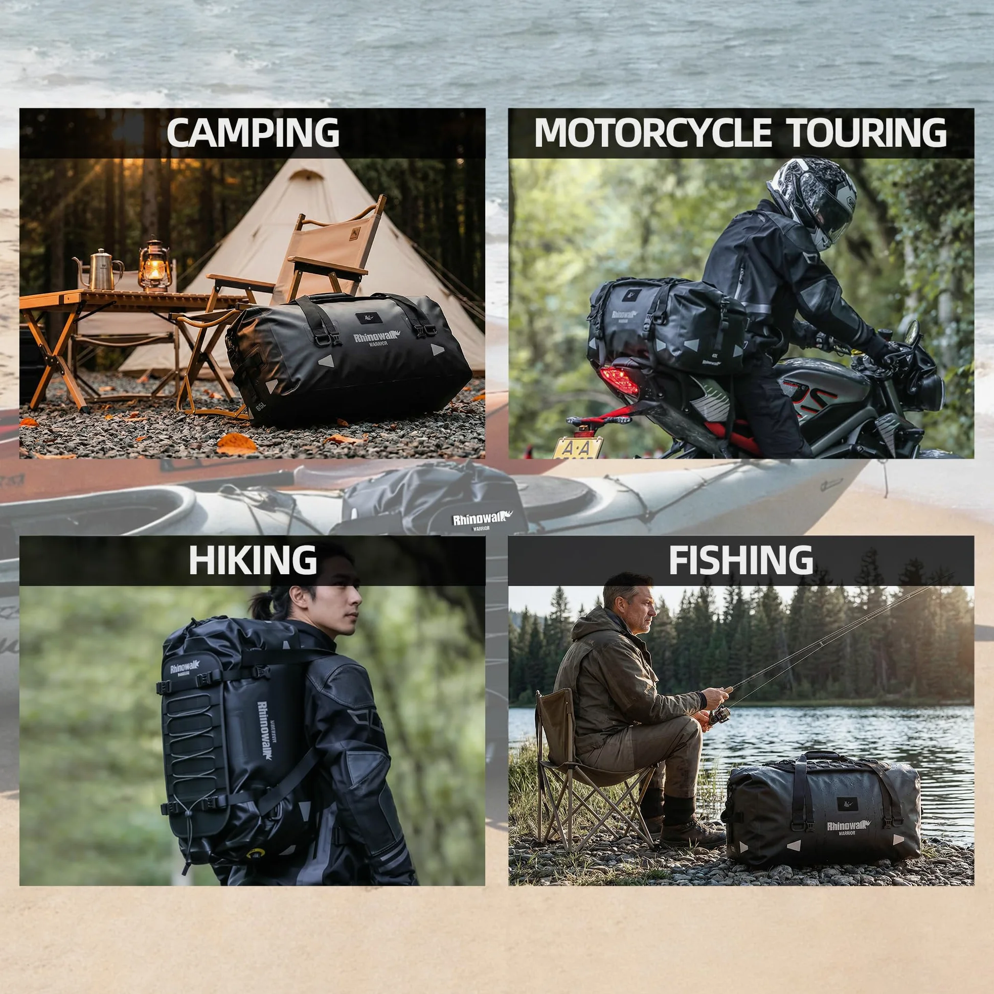 Rhinowalk Motorradtasche Gepäckrolle Wasserdicht 20/40/65L Hecktasche Sitztasche MOLLE-System Duffel Bag Satteltasche Reisetasche mit Schultergurt für Outdoor Touring, Camping, Motorradfahren