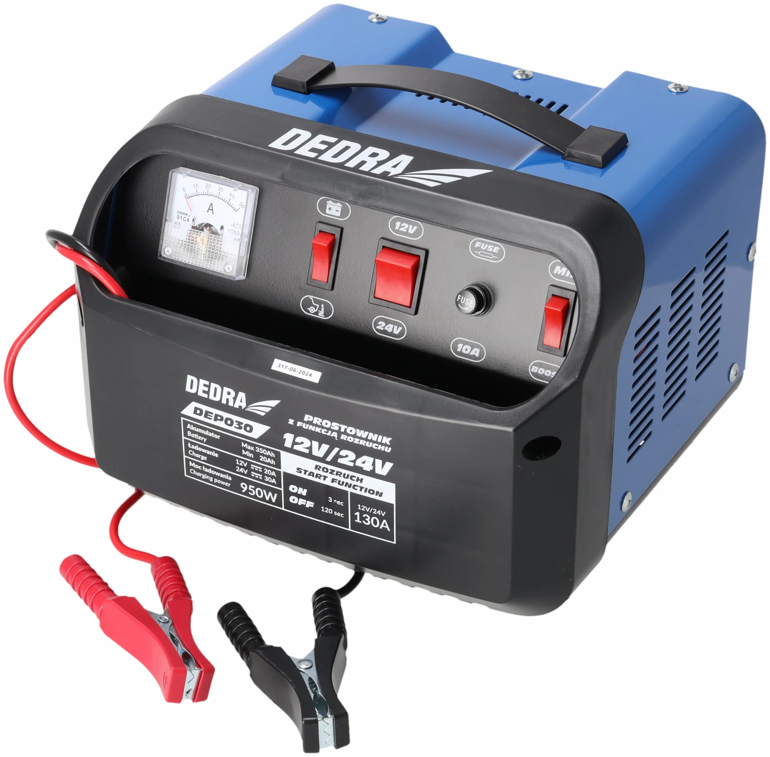 Starthilfe-Batterieladegerät DEDRA DEP030 12/24V 20–350Ah, Boost-Funktion, Start-Funktion, Stromstärkeanzeige, kompaktes Gehäuse, robuster Tragegriff, Schnelllade-Modus