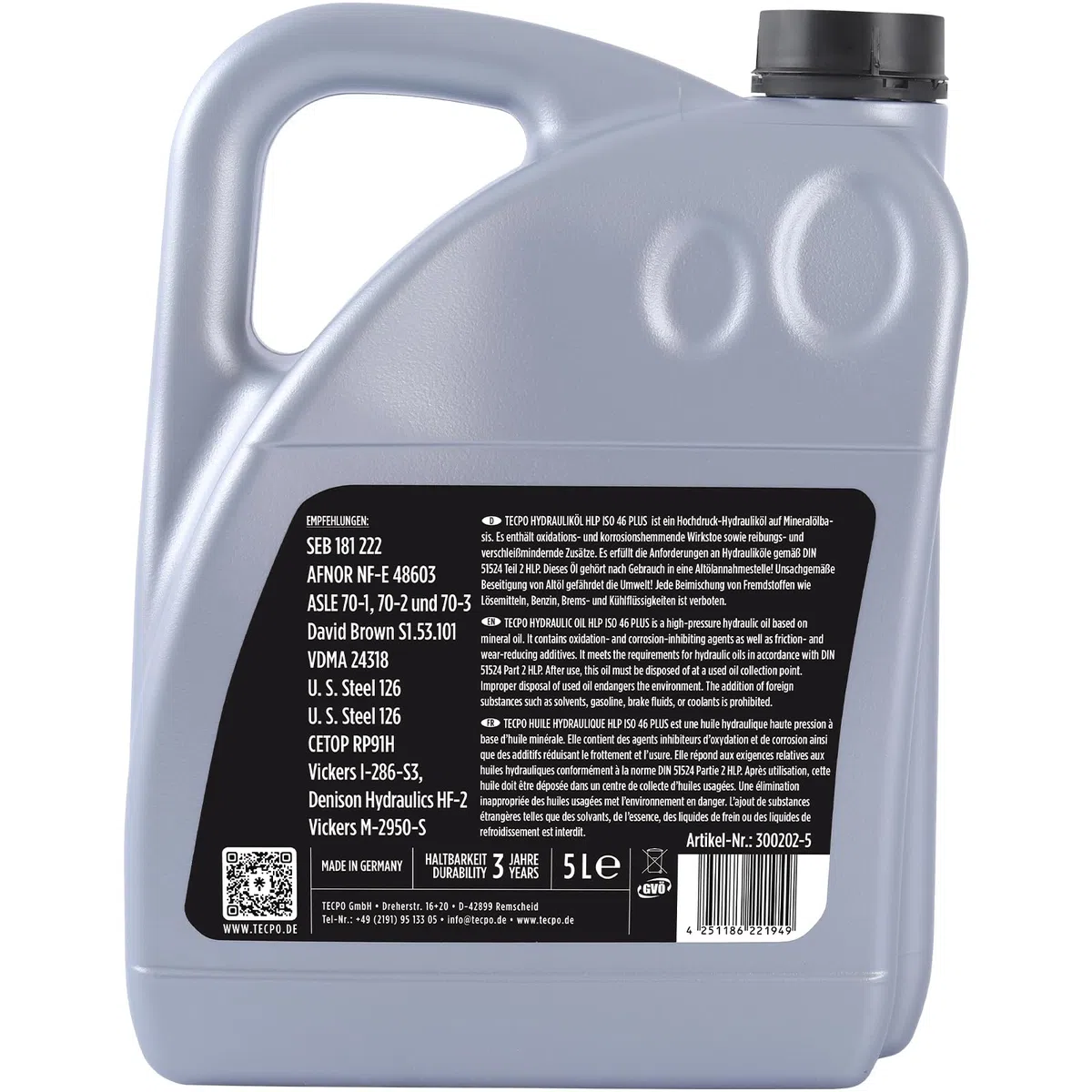 TECPO Hydrauliköl 5 Liter HLP 46 ISO VG Viskosität Hydraulikoel Hydraulikflüssigkeit Hydraulikfluid für Hochleitung Hochdruck