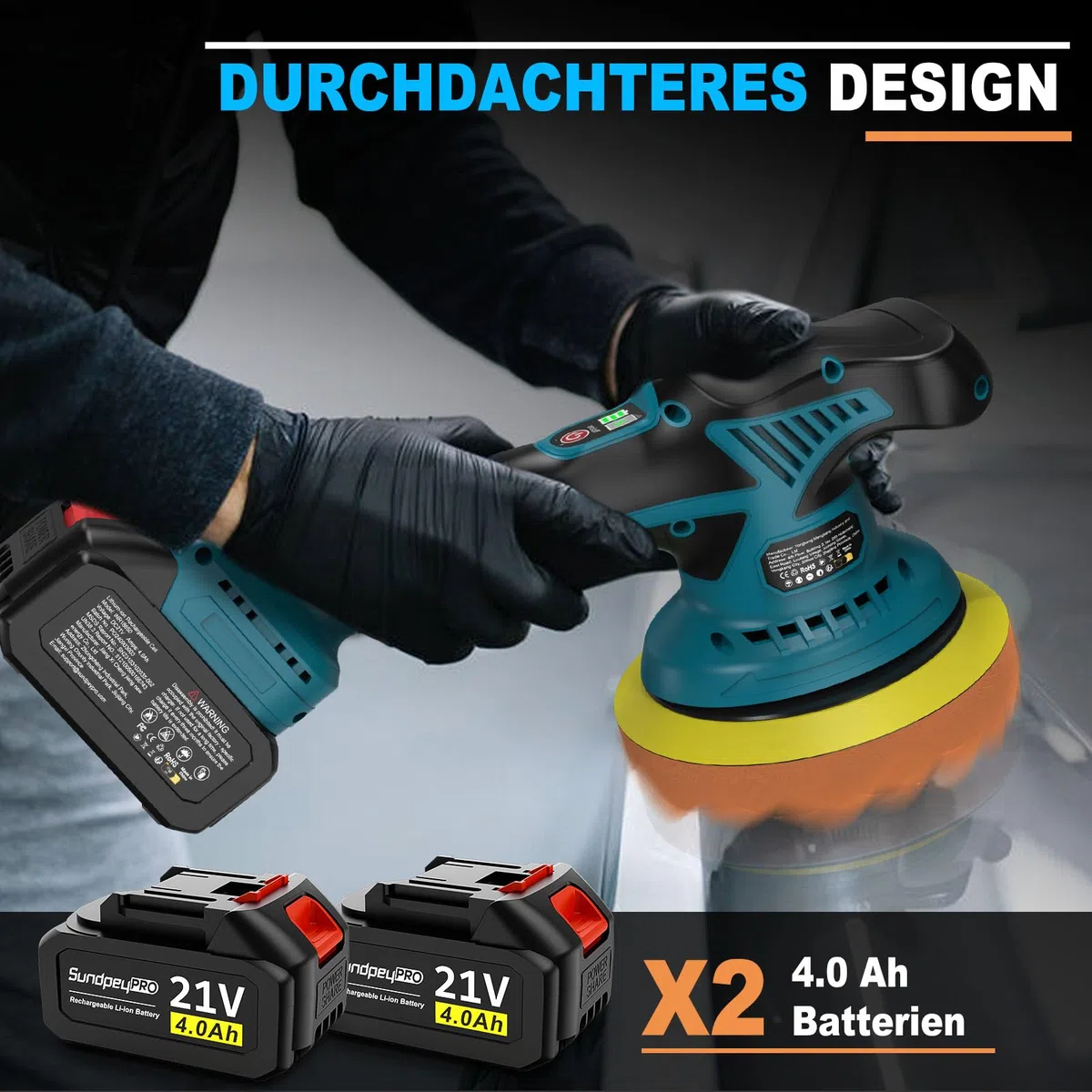 Poliermaschine Auto Akku, 21V Akku Poliermaschine mit 2 * 4000mAh Akkus & 8 Variablen Geschwindigkeiten & 6000RPM, Poliermaschine für die Autopflege Polieren Wachsen Entfernen von Kratzern