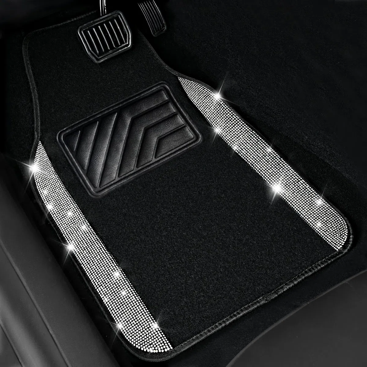 CAR PASS Bling Diamant Auto Fußmatten, Glänzend Glitzernder Kristall, Universal Fussmatten Auto mit Rutschfestem PVC Fersenpolster für SUV Limousine Van, 4 Stück für Mädchen Damen Herren(Silber)
