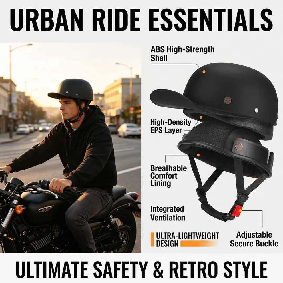 Halbschalenhelm Motorradhelm ECE-Zulassung Baseball Cap Mit Fahrradbrille Fahrradvisier Cruiser Chopper Scooter Helm Herren Retro Motorrad Halbhelm MäNner Frauen Mofa Helm 57-62cm