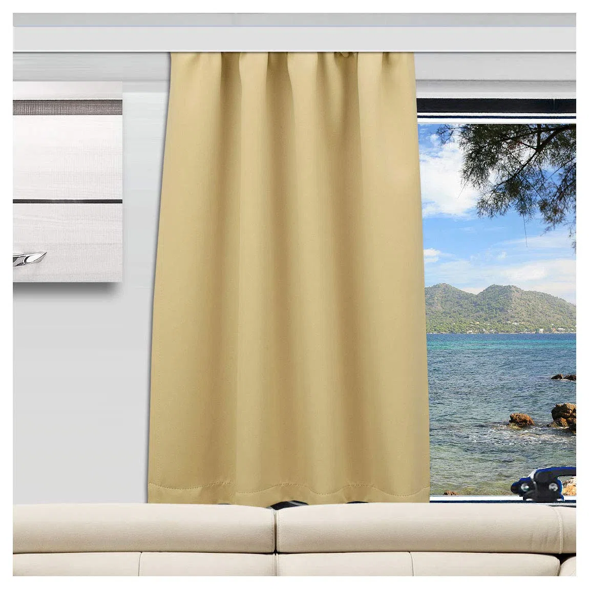Wohnmobil-Gardine Mattis beige, Höhe 40-80 cm x Breite 70-140 cm | Maßgefertigt, Verdunklungs-Vorhang, Reihband, Blickdicht, Für Caravan & Wohnwagen