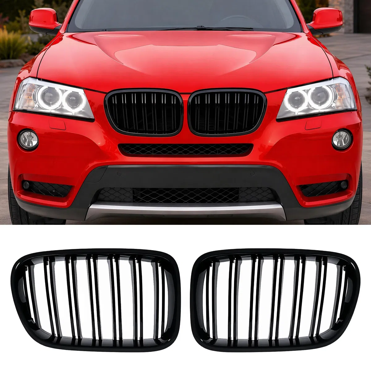 Kühlergrille für BMW X3 F25 Nieren 2010 2011 2012 2013 PRE Glanz Schwarzer Doppelsteg aus ABS Material(For F25 2010-2013 PRE)