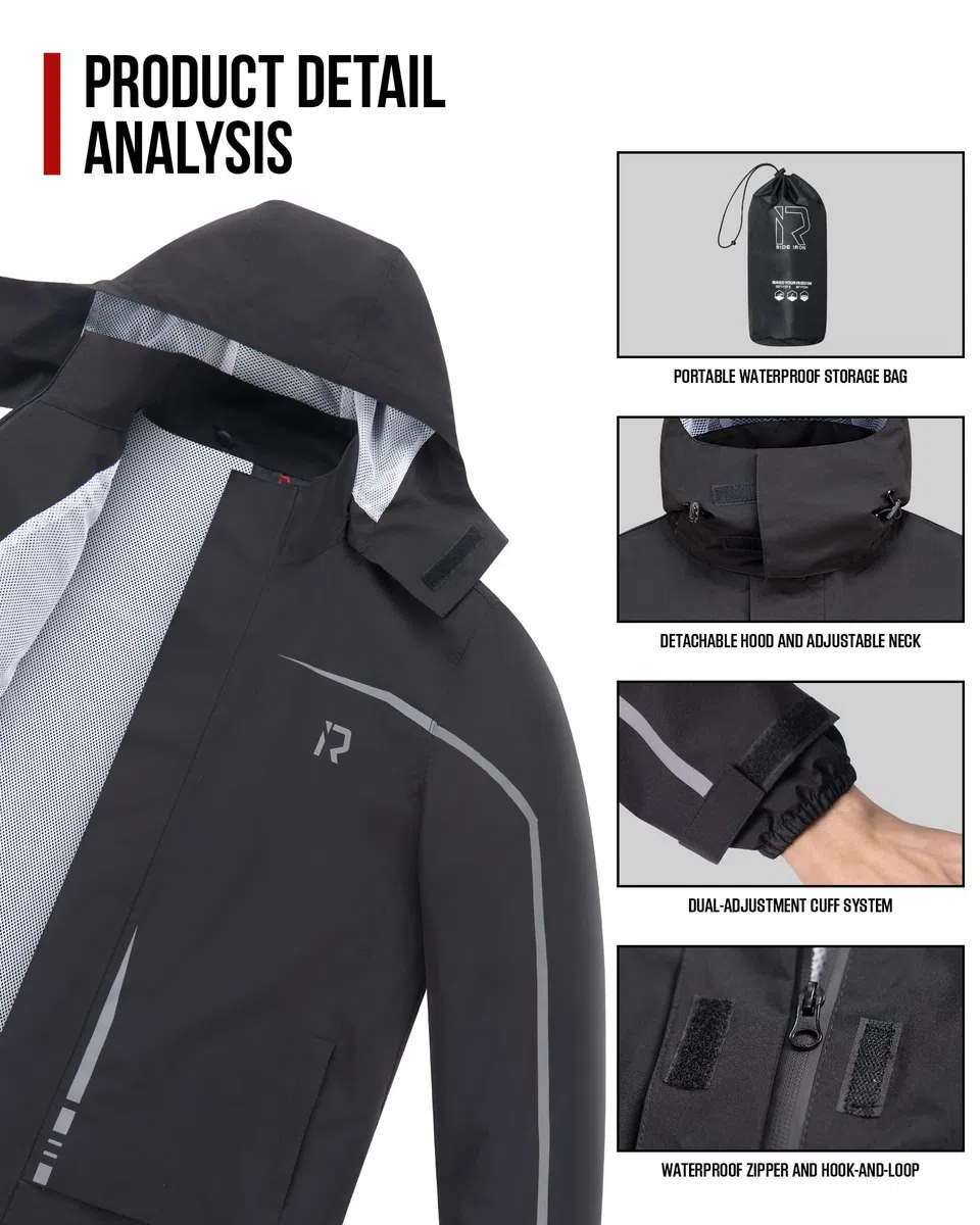 RIDEIRON Regenjacke Herren Set Motorrad Regenkombi Herren Regenjacke Herren Wasserdicht Atmungsaktiv Reflektierend Leicht winddichter Outdoor für Fahrradfahrer,Schwarz