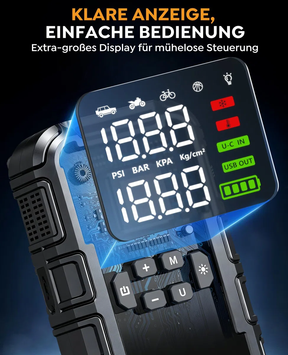8000A Starthilfe Powerbank für Pkw mit Kompressor (160PSI), 12V Auto Starthilfe Powerbank für Benzin & bis 12L Diesel, tragbarer Jump Starter mit 600LM LED-Licht, Starthilfekabeln & großem LCD-Display