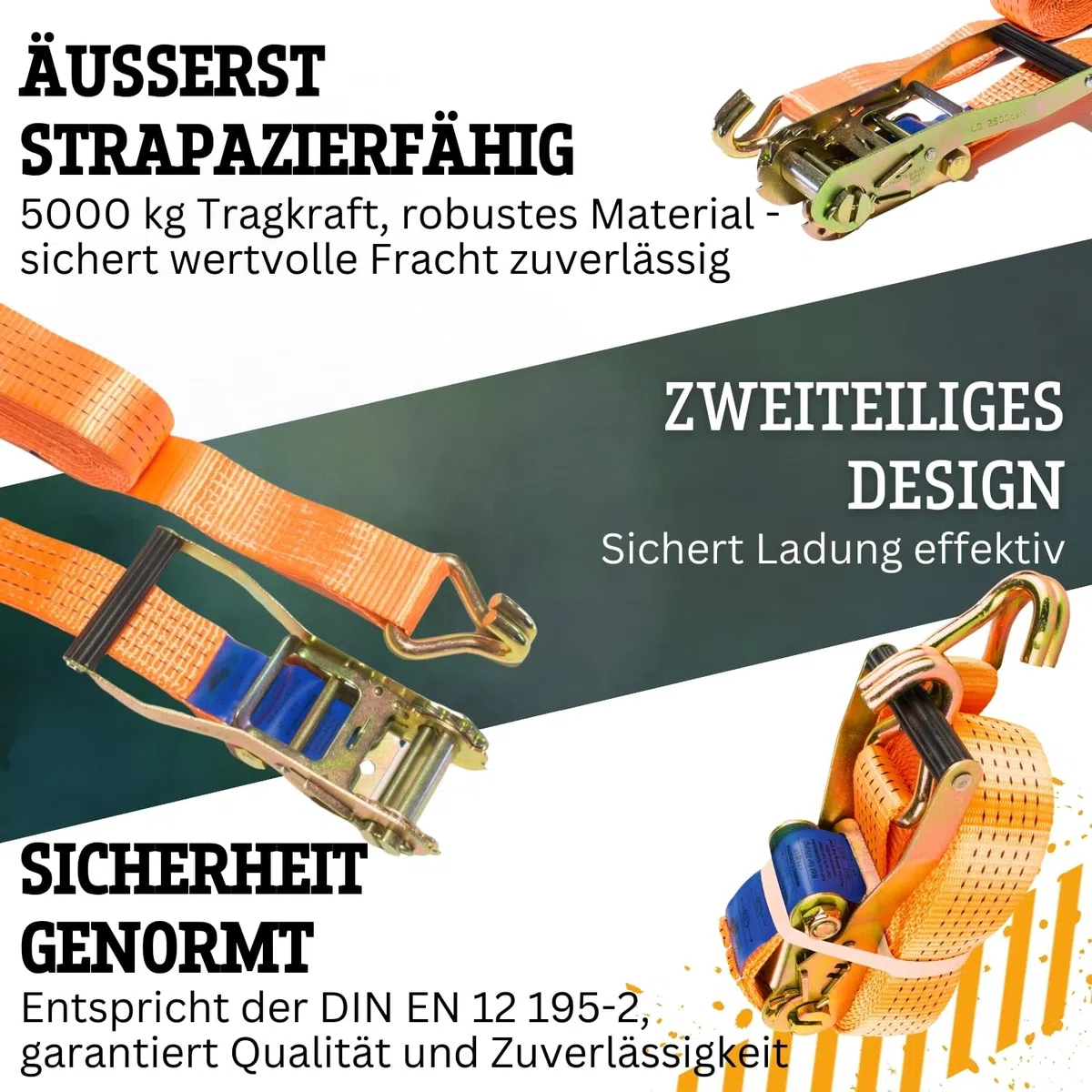 Safetytex Spanngurt zweiteilig 5t 12m 2500kg 5000 kg daN Zurrgurte 2teilig LKW Anhänger 5 to 12 Meter (4 Stück)