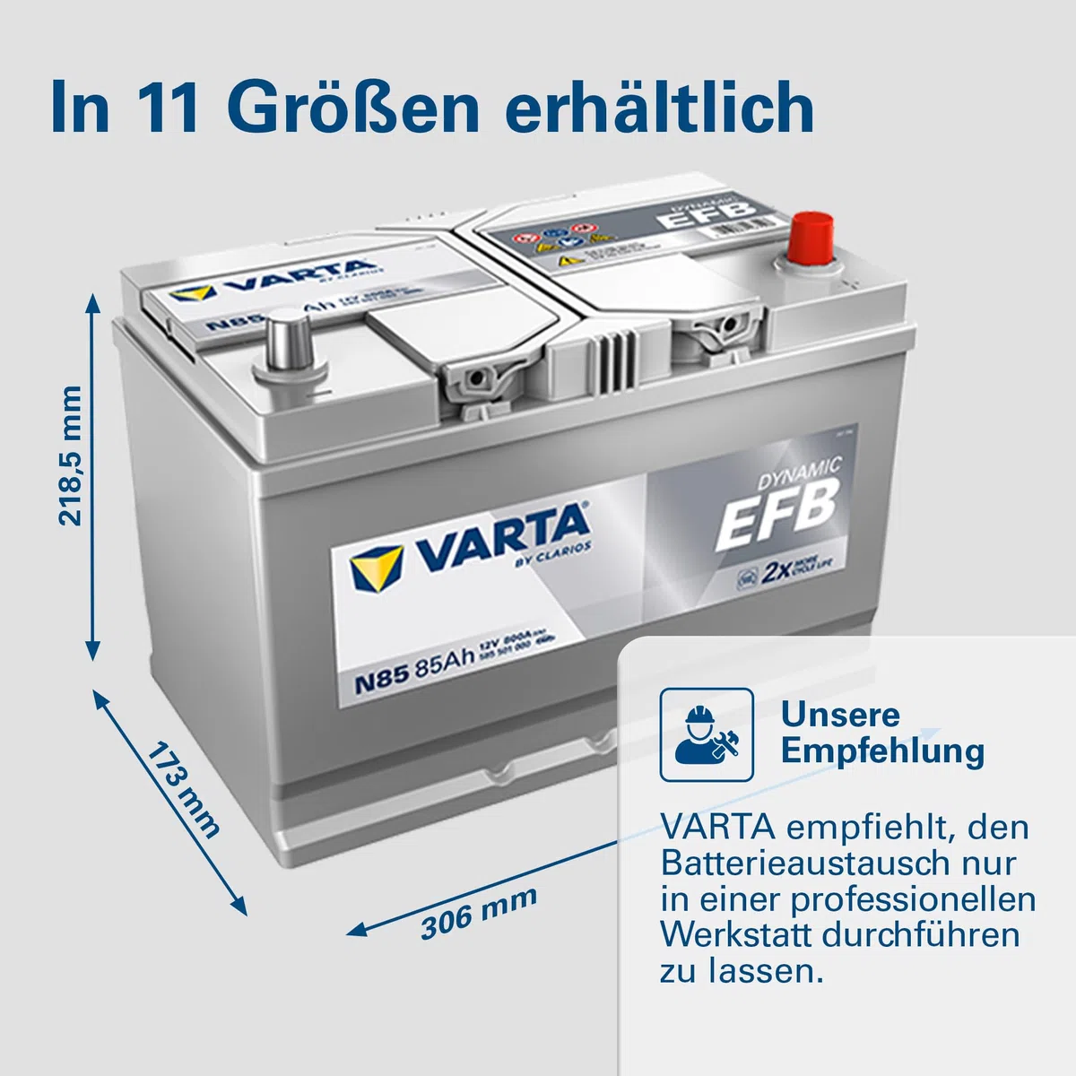 VARTA Automotive DYNAMIC EFB (N85) 12V 85Ah 800A - Nassbatterie für Start-Stopp Systeme - Starterbatterie für Autos mit erhöhtem Energiebedarf - Wartungsfreie Bleisäurebatterie | Starterbatterie für Autos mit erhöhtem Energiebedarf - Wartungsfreie Bleisäu