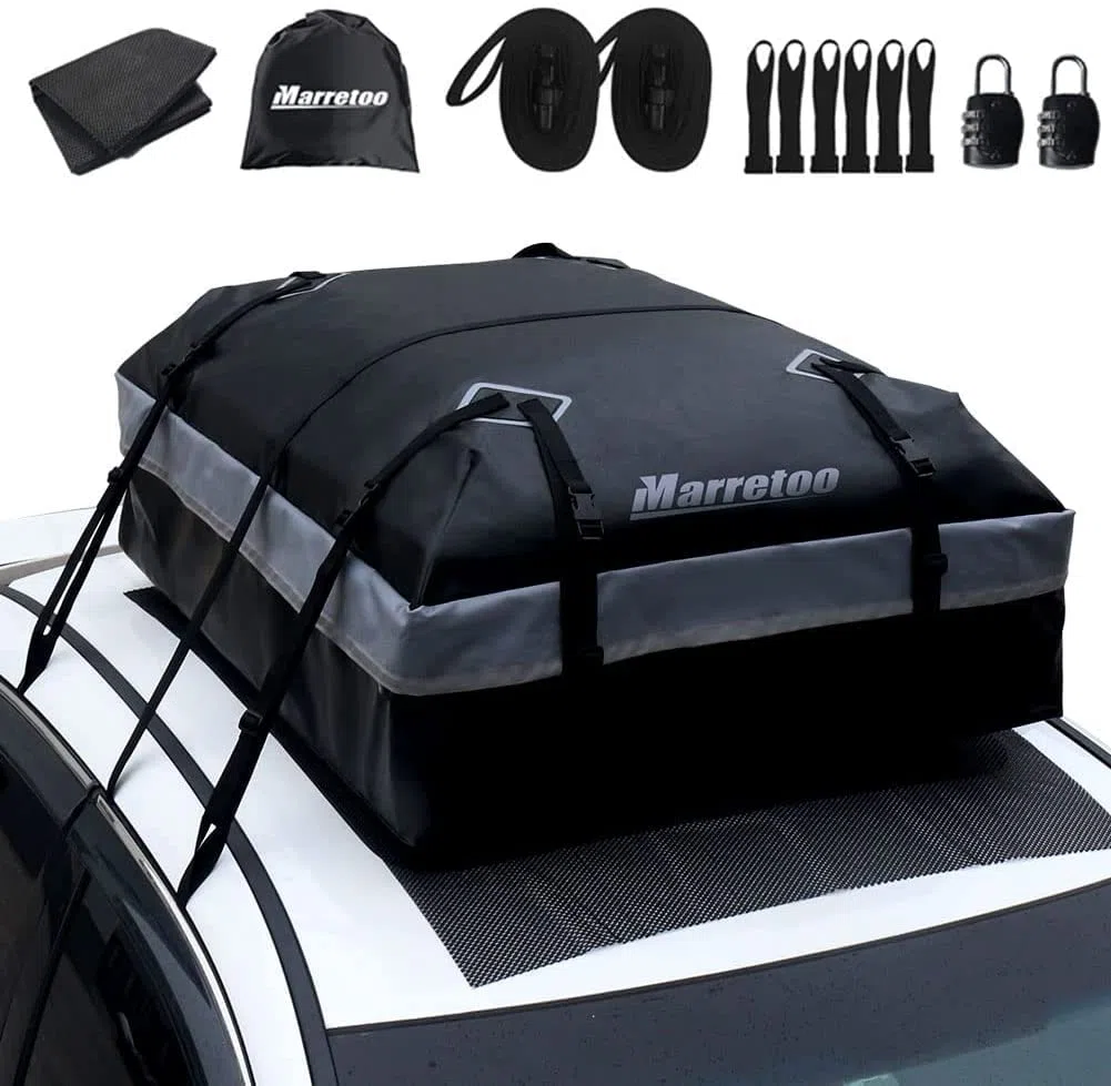 21 Kubikfuß Auto Dachbox Faltbare Wasserdicht Dachtasche Gepäckbox Tasche Aufbewahrungsbox mit a Antirutschmatte, für Fahrzeuge mit/ohne Gepäckträger Gepäcktransport, Vans, SUVs, Black