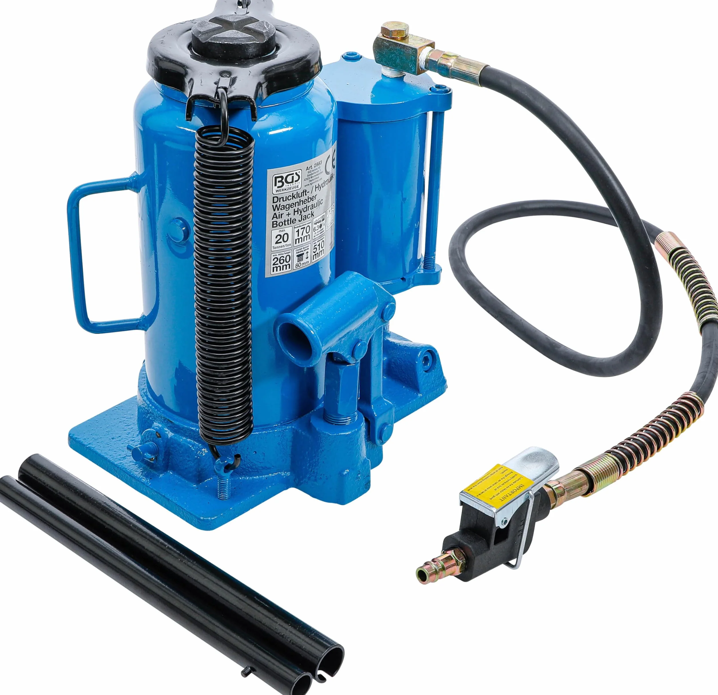 BGS 2883 | Druckluft-Hydraulik-Wagenheber | 20 t | auch per Handpumpe bedienbar | min. Höhe 260 mm | max. Höhe 510 mm | Hub 170 mm | Arbeitsdruck 8 bis 9 bar