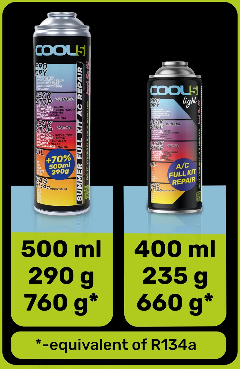 LIGHT Ersatzkältemittel r134a für Autoklimaanlagen – 1 Dose 5in1, 235g + Druckleitung mit Manometer