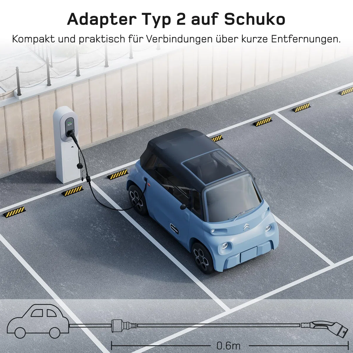 dé Adapter Typ 2 auf Schuko - Elektroauto Ladestecker, 16A 0.6m. Einfaches Laden an Ladestationen/Wallboxen trotz Verwendung von 230V Ladegeräten für E-Bike, E-Scooter, Motorrad. IP55 Nicht für V2L