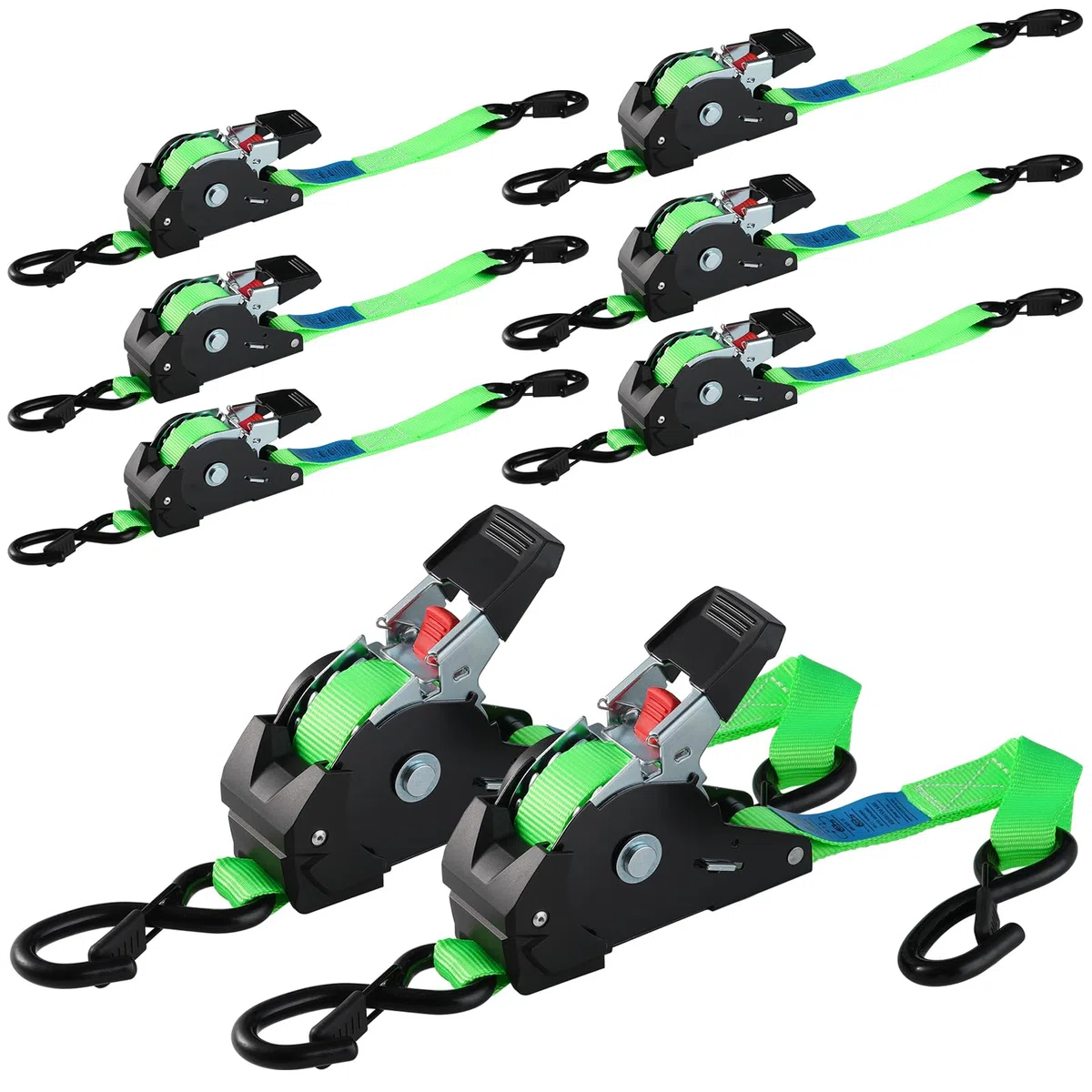Automatik Spanngurt, 3 m x 25mm, 300 daN | 748 kg Bruchlast, 8 Stück | Selbstaufrollende Spanngurte, Ratschengurt mit S Haken, Zurrgurt für Anhänger, Motorrad, Fahrrad Mehr, Grün