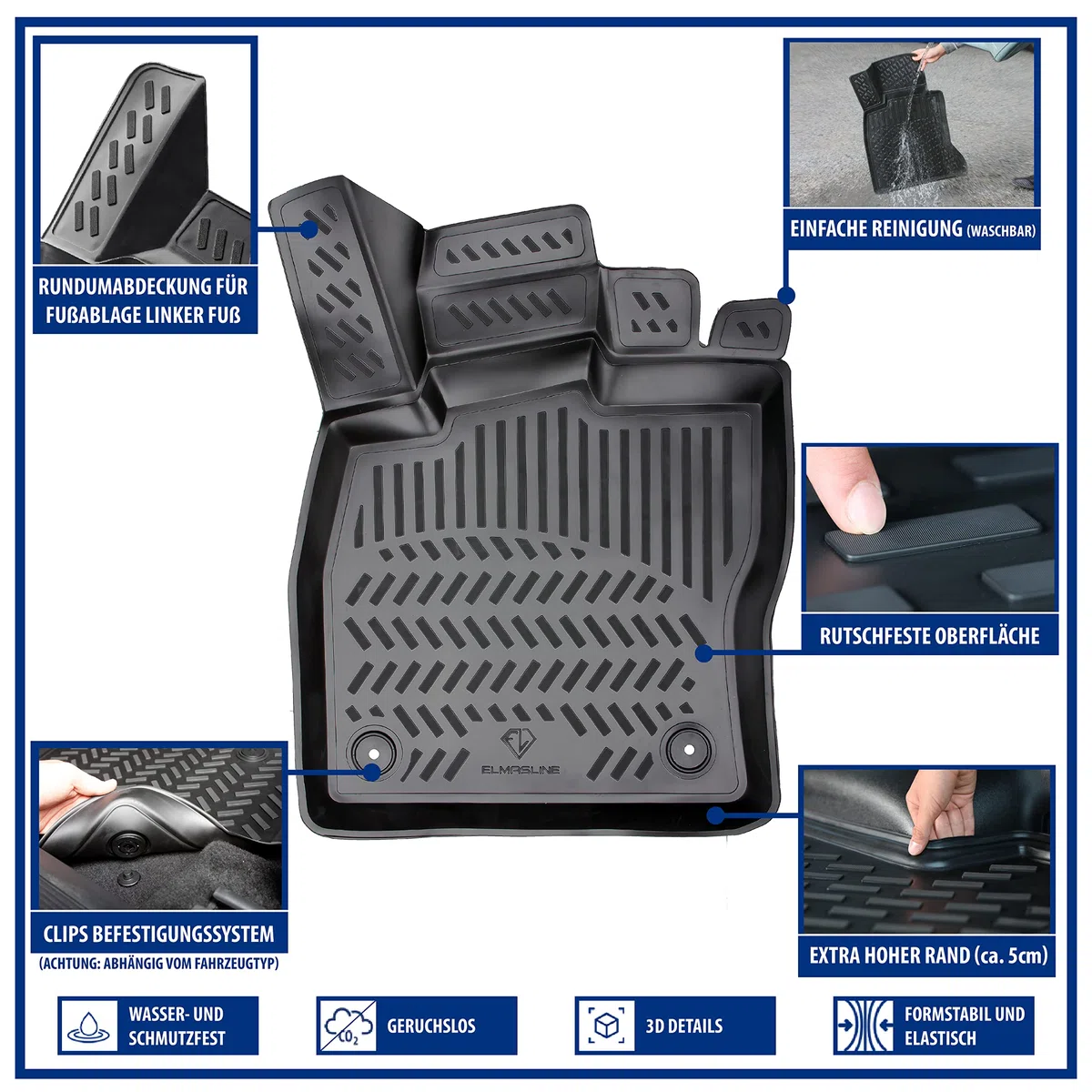 ELMASLINE 3D Gummimatten Set für VW Golf 8 (VIII) Baujahr 2020-2026 | Extra hoher 5cm Rand Fußmatten - Zubehör | Passt Nicht in Mild-Hybrid/E-TSI !!!