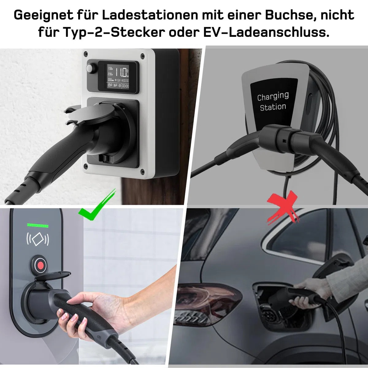dé Adapter Typ 2 auf Schuko - Elektroauto Ladestecker, 16A 0.6m. Einfaches Laden an Ladestationen/Wallboxen trotz Verwendung von 230V Ladegeräten für E-Bike, E-Scooter, Motorrad. IP55 Nicht für V2L