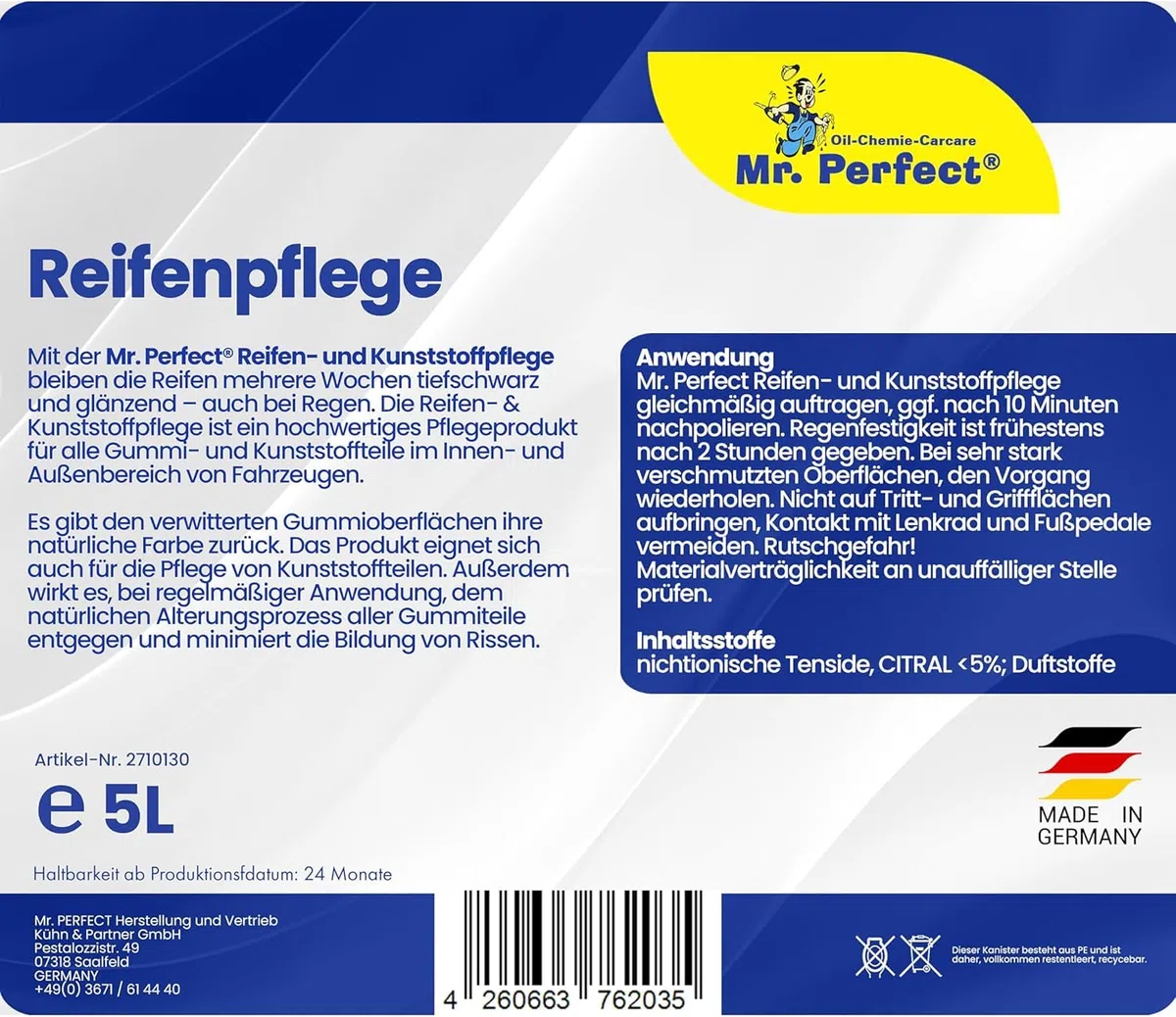 Mr. Perfect® 2x5L Reifenglanz - Auto Kunststoffpflege & Gummipflege für Außen - Schwarz - Reifenpflege für Reifenglanz - Autoreifen Pflege und Reifen Reiniger - Reifenschwarz Auto