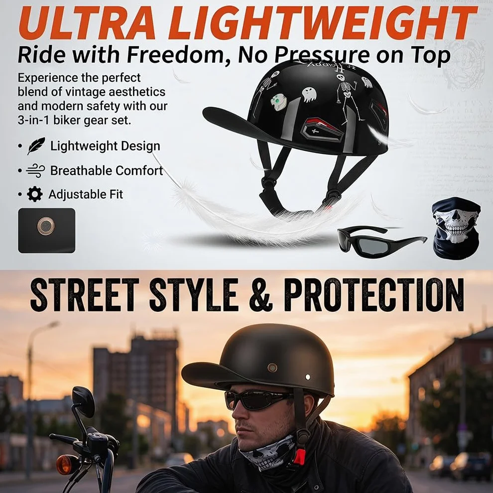Halbschalenhelm Motorradhelm ECE-Zulassung Baseball Cap Mit Fahrradbrille Fahrradvisier Cruiser Chopper Scooter Helm Herren Retro Motorrad Halbhelm MäNner Frauen Mofa Helm 57-62cm