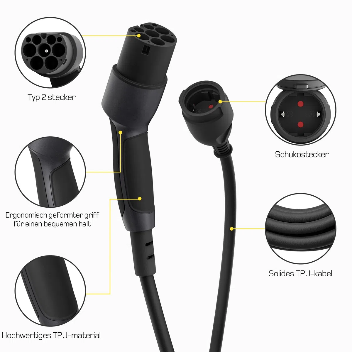 dé Adapter Typ 2 auf Schuko - Elektroauto Ladestecker, 16A 0.6m. Einfaches Laden an Ladestationen/Wallboxen trotz Verwendung von 230V Ladegeräten für E-Bike, E-Scooter, Motorrad. IP55 Nicht für V2L