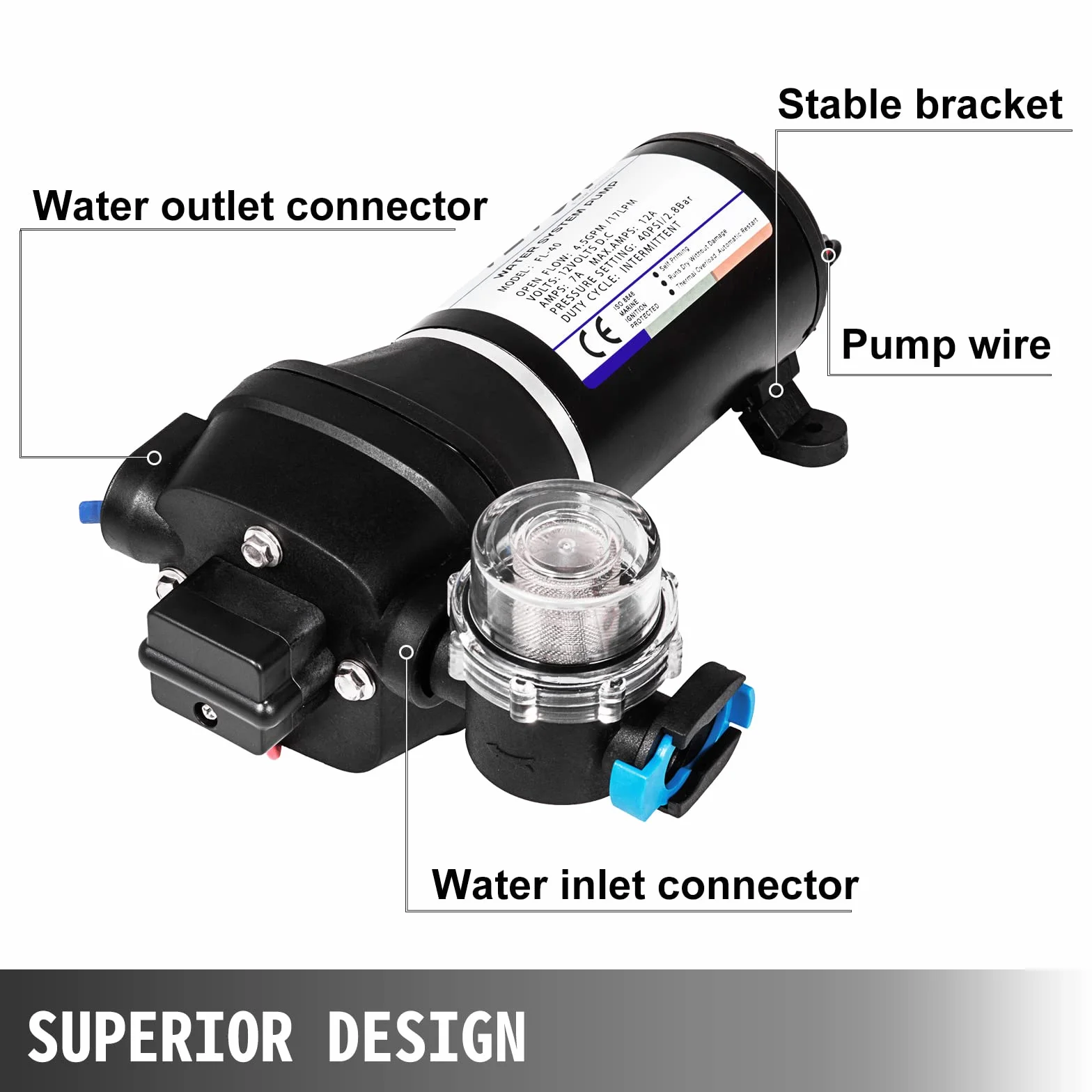 Wasserpumpe Druckwasserpumpe 12V, Membranpumpe 17L/min, Hochdruckwasserpumpe für Wohnwagen, Boot, Wohnmobil, Garten