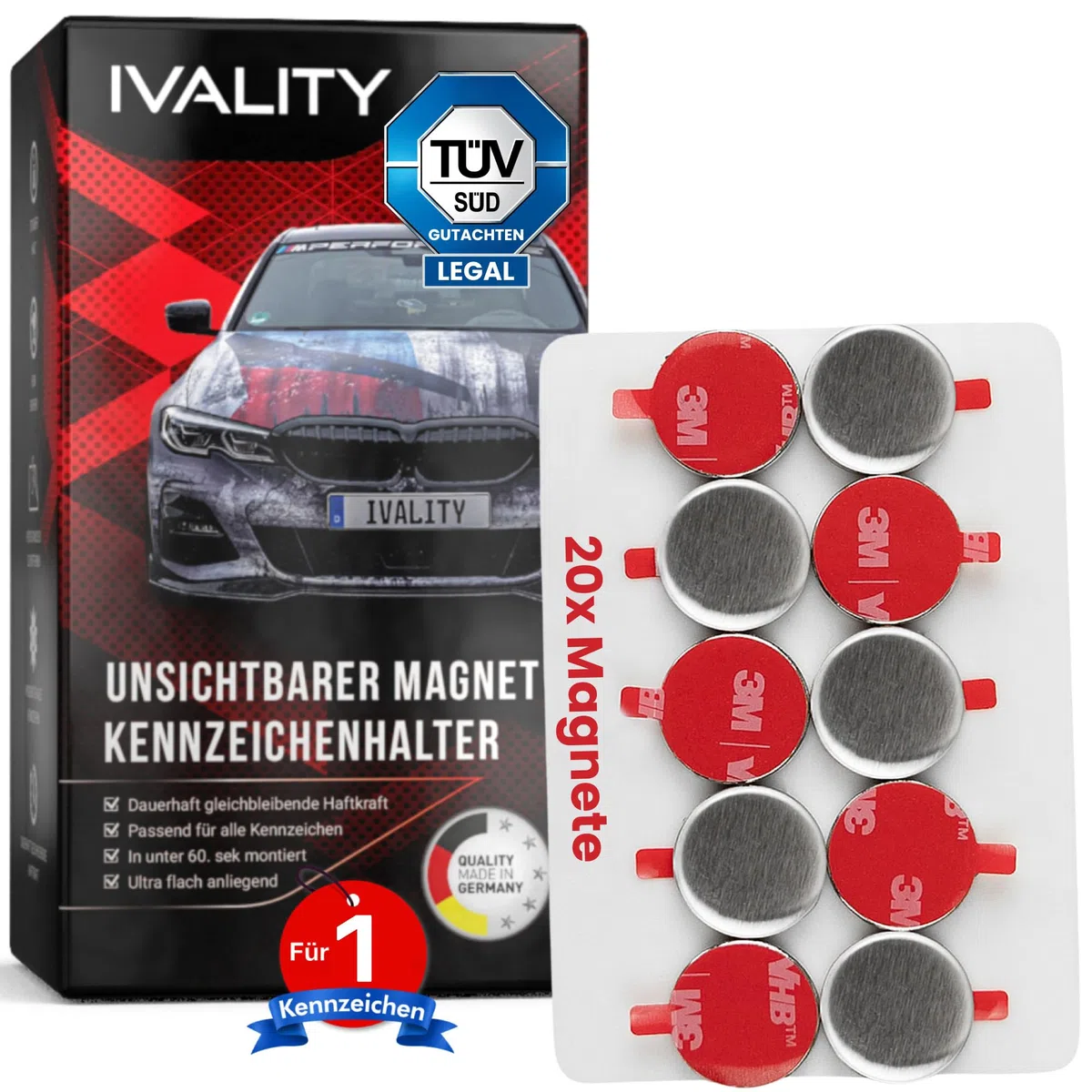 Ivality Magnet Kennzeichenhalter hinter der Stoßstange für Autos mit Neodym-Magneten & 3M VHB Klebeband, Rahmenlose Kennzeichenhalter Unsichtbare Montage für 1 Kennzeichen, StVZO getestet bis 350 km/h