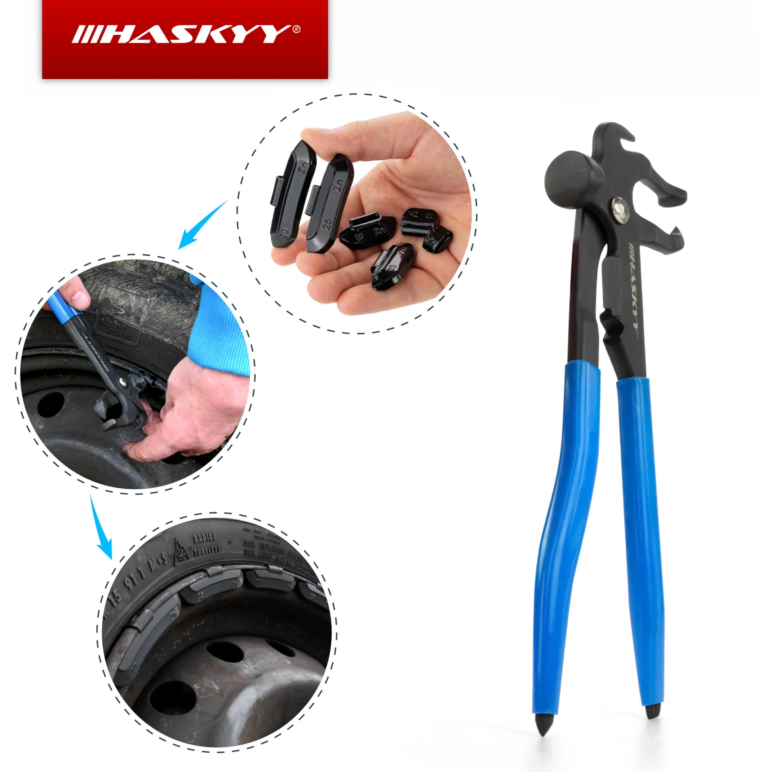 HASKYY 5kg Reifenmontagepaste Montagepaste Schwarz Reifenmontage Set inkl. Ventildreher, Ventileinzieher, Profi Auswuchtzange für Klebe- und Schlaggewichte & Fettkreide