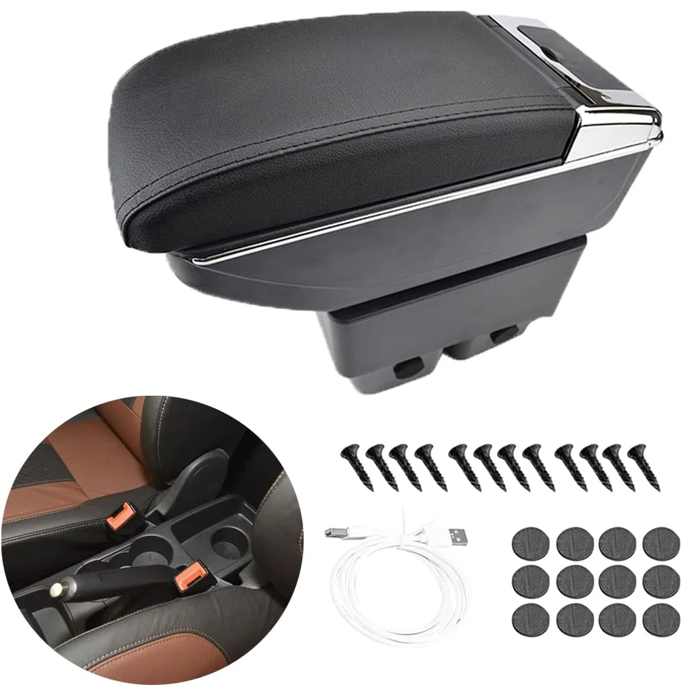 Auto Armlehnen für Fiesta 2009-2017, Zweilagige Armlehne mit 7 USB Ladeanschlüssen, Schwarzes PU Leder, Mittelkonsolen Aufbewahrungsbox