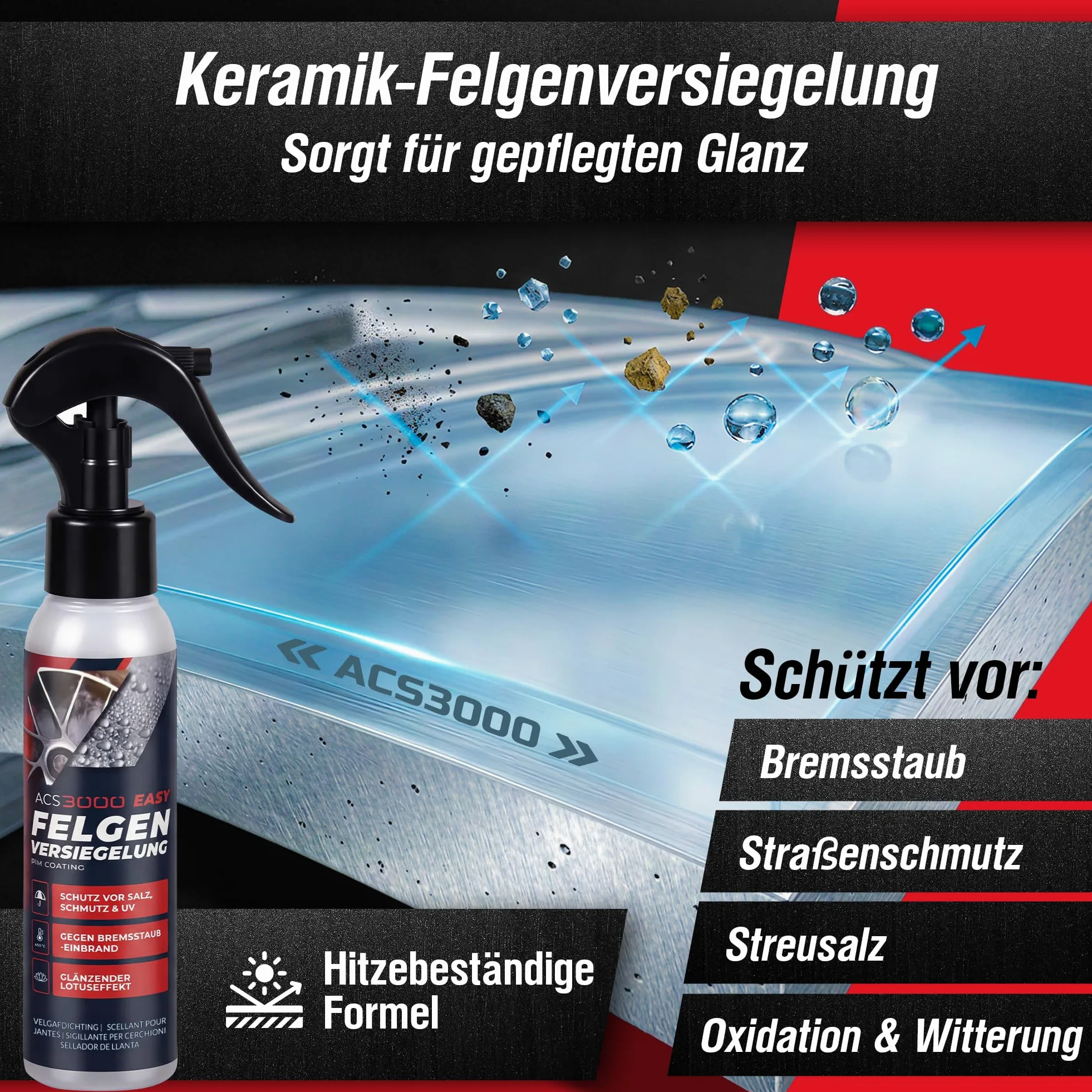 ACS3000 EASY Felgenversiegelung – Keramikbeschichtung für Felgen – Langzeitschutz gegen Bremsstaub, Salz & Schmutz – Hydrophober Lotus-Effekt, Keramik Versiegelung, Schutzversiegelung inkl. Poliertuch