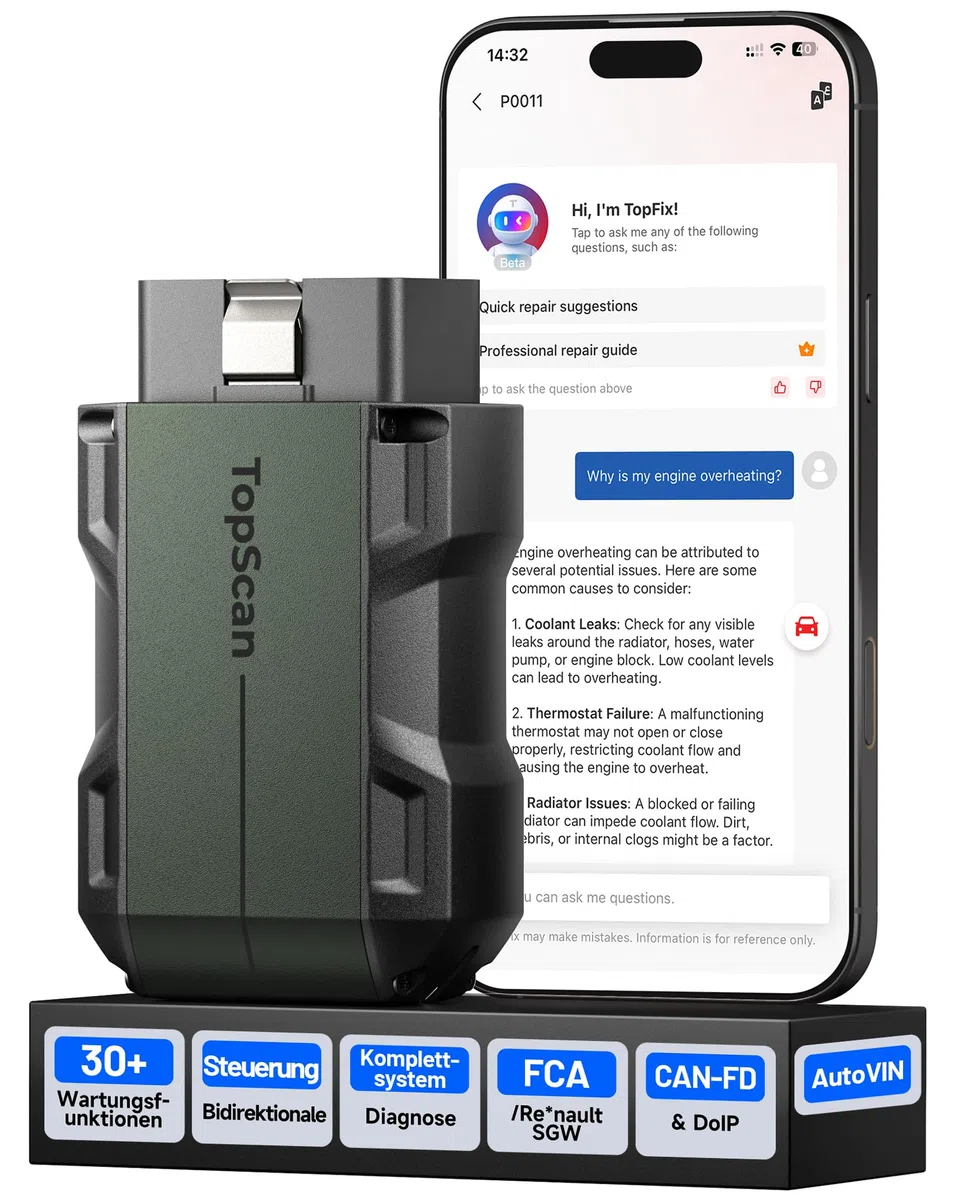 TOPDON TopScan Master OBD2 Diagnosegerät Bluetooth, Bidirektionale/Aktiver Test, Wireless Alle Systeme für iOS & Android, 30+ Reset-Diensten, CAN-FD&DoIP, FCA/Nissan/Renault SGW, KI-Unterstützung