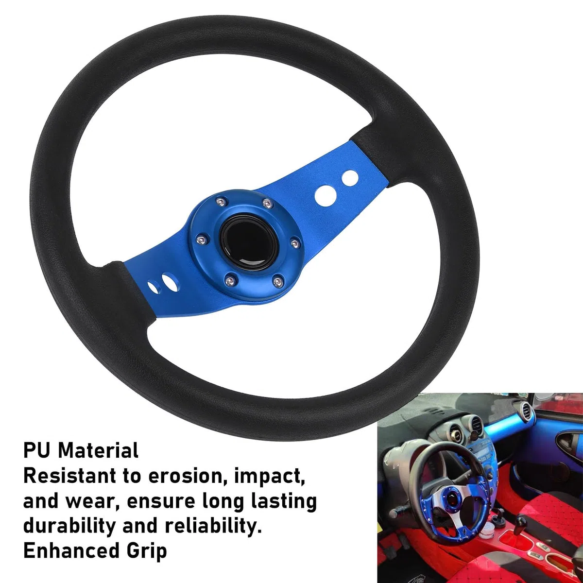 13-Zoll-Auto-Lenkrad Rennsport-Lenkrad PU Stilvoller Look Schlagfester Verbesserter Griff Einfache Installation Rennlenkrad für Fahrzeuge (BLUE)