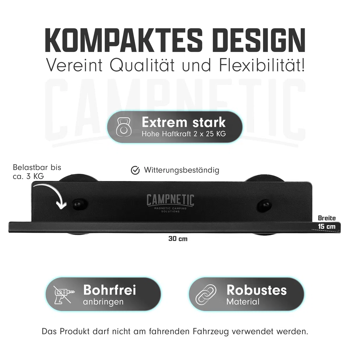 Campnetic Magnetisches Regal 30x15cm Schwarz - Einfaches Anbringen ohne Bohren - Camper Zubehör - Offroad Zubehör - Magnetische Tablett ideal für Van, Camper, Wohnmobil - komplettes Set inkl. Beutel