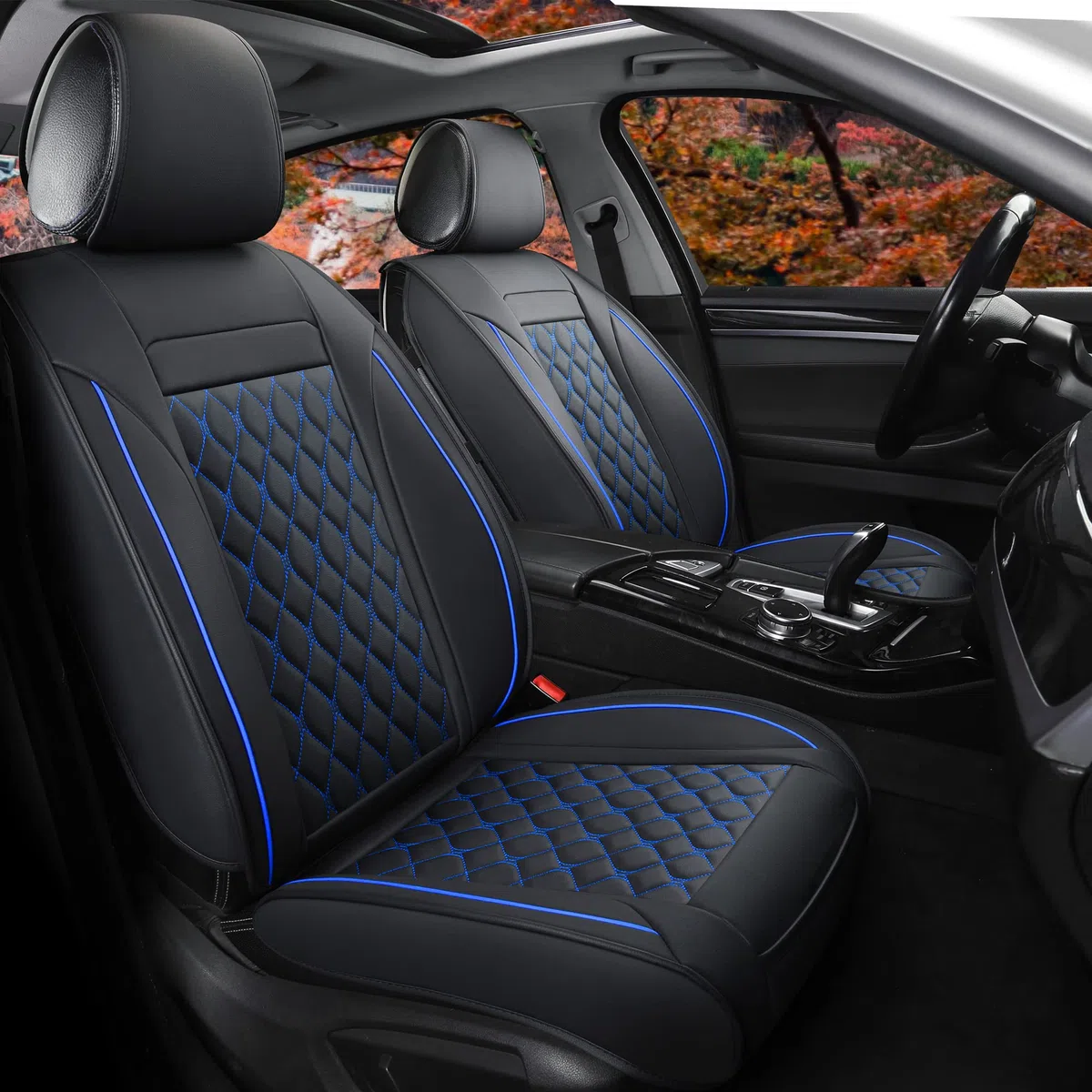 Kunstleder-Autositzbezüge, universell passend für die meisten Pkw, SUV, Limousinen und LKW, Vordersitzbezüge, Schwarz/Blau