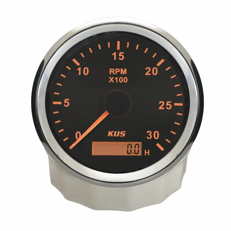 KUS Wasserdichte Drehzahlmesser Drehzahlmesser Mit Betriebsstundenzähler 3000 RPM 85mm 12 V / 24 V Mit Hintergrundbeleuchtung (Schwarz)