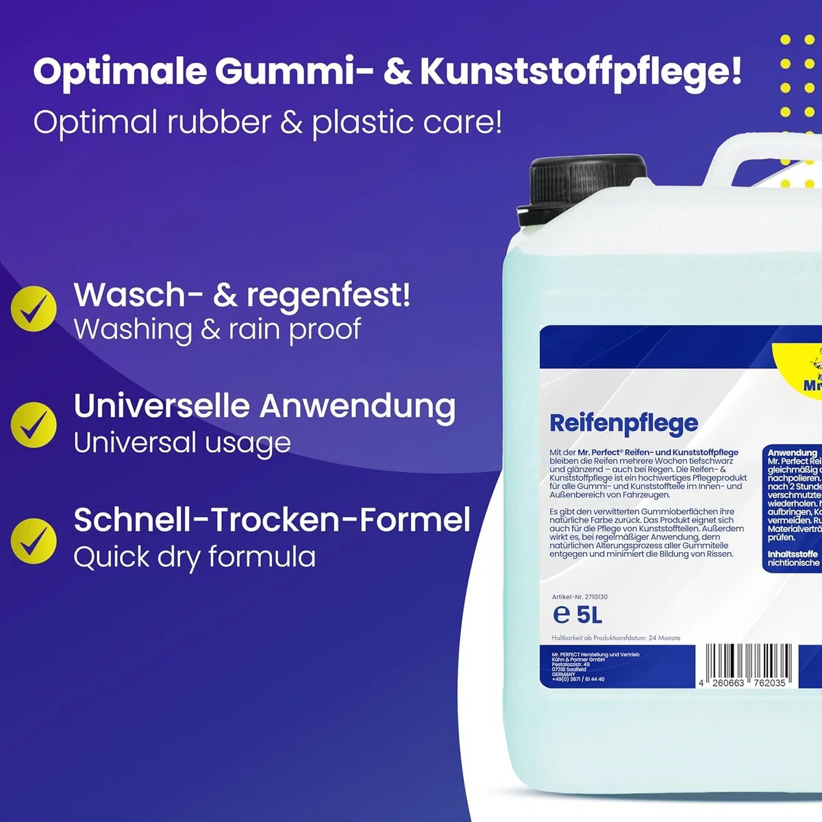 Mr. Perfect® 2x5L Reifenglanz - Auto Kunststoffpflege & Gummipflege für Außen - Schwarz - Reifenpflege für Reifenglanz - Autoreifen Pflege und Reifen Reiniger - Reifenschwarz Auto