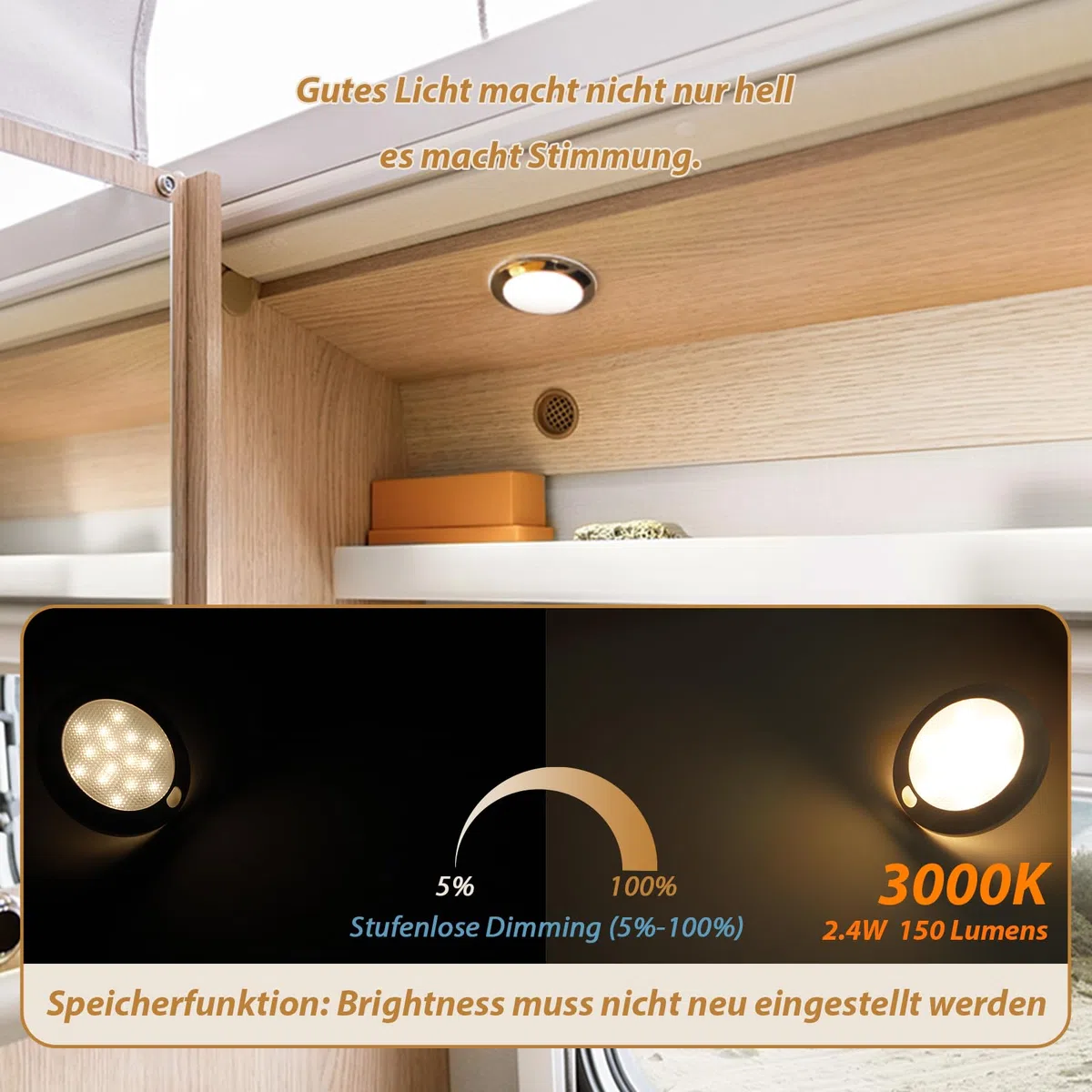 Dream lighting 4er Set 12v LED Lampe Dimmbar Wohnmobil Wohnwagen Boot Innen Deckenlampe Flach mit Memory-Funktion IP44 7,6CM Warmweiss