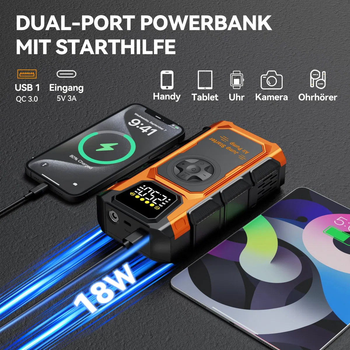 Starthilfe Powerbank für pkw, 6000A Auto Starthilfe Powerbank mit Kompressor 150PSI, 12V Starter Powerbank(bis Alle Benzin/10L Diesel), Batterie Booster Jump Starter mit QC3.0, Jumper/LCD/Taschenlampe