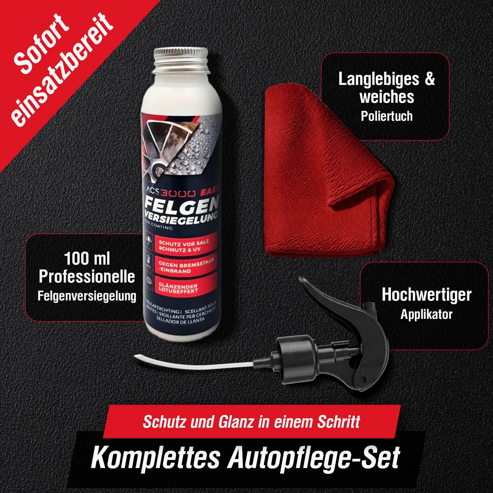 ACS3000 EASY Felgenversiegelung – Keramikbeschichtung für Felgen – Langzeitschutz gegen Bremsstaub, Salz & Schmutz – Hydrophober Lotus-Effekt, Keramik Versiegelung, Schutzversiegelung inkl. Poliertuch