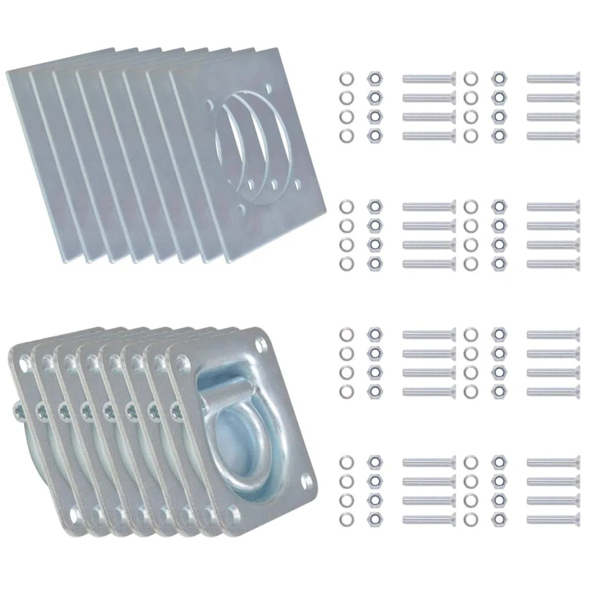 Gecheer Zurrösen für Anhänger 8 STK Silber, verzinkter Stahl, 10,1x9,5x2,6 cm, max. 2000 kg, inkl. Gegenplatten, für Ratschengurte/Seile/Spannbänder