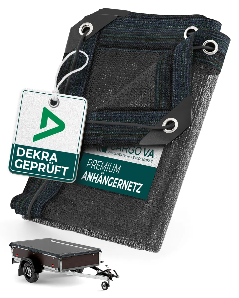 CargoVA® Anhängernetz Feinmaschig 2x3m [DEKRA Geprüft] - Abdecknetz mit Gummiseil - Ladungssicherungsnetz für Anhänger - Laubnetz StVO-Konform