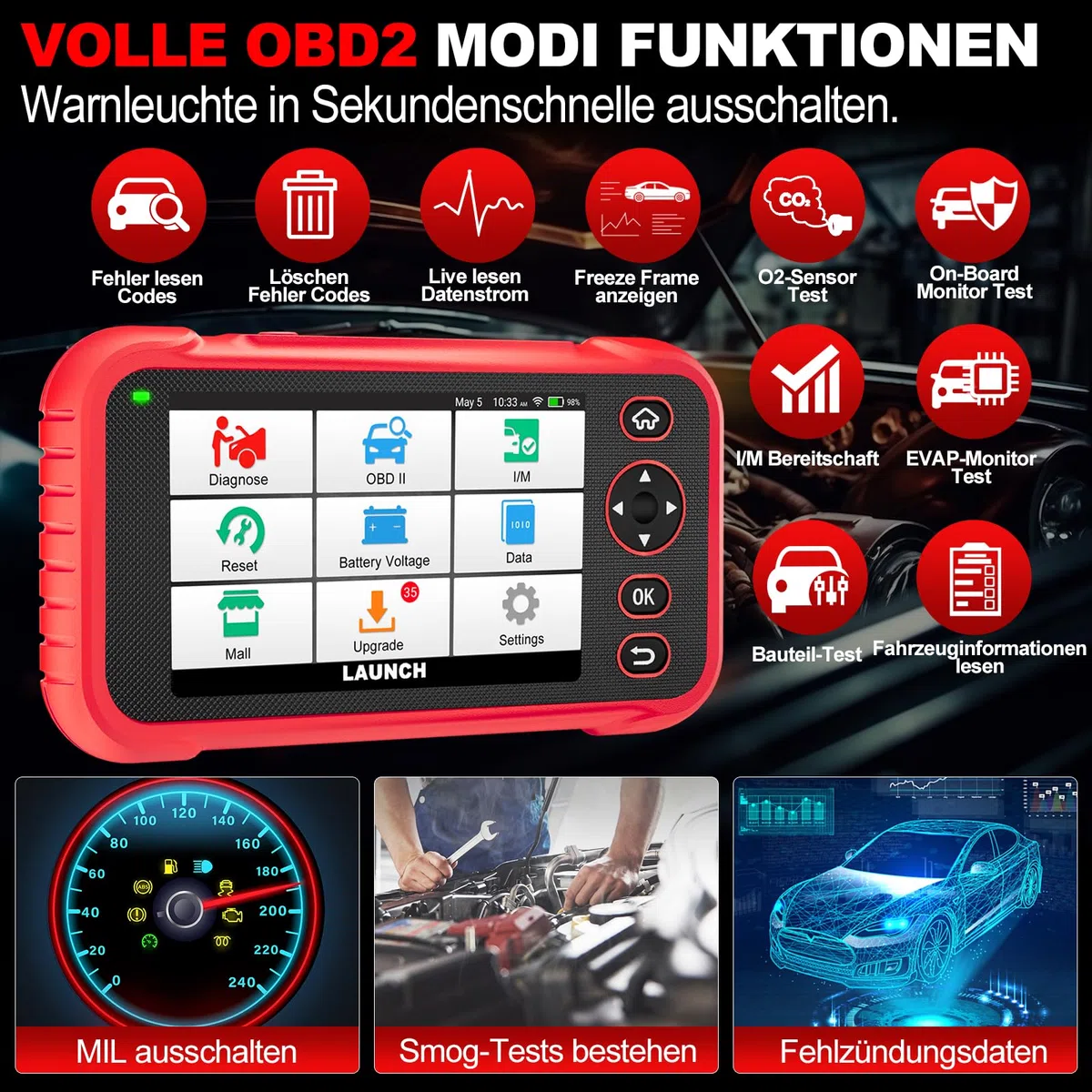 LAUNCH CRP129E Plus V3.0 OBD2 Diagnosegerät Alle System Scanner mit 12+ Reset, ABS/Einspritzdüsen-Codierung/Öl/Drosselklappe/EPB/DPF/SAS/TPMS Reset/Batterieabgleich, lebenslanges WiFi-Update