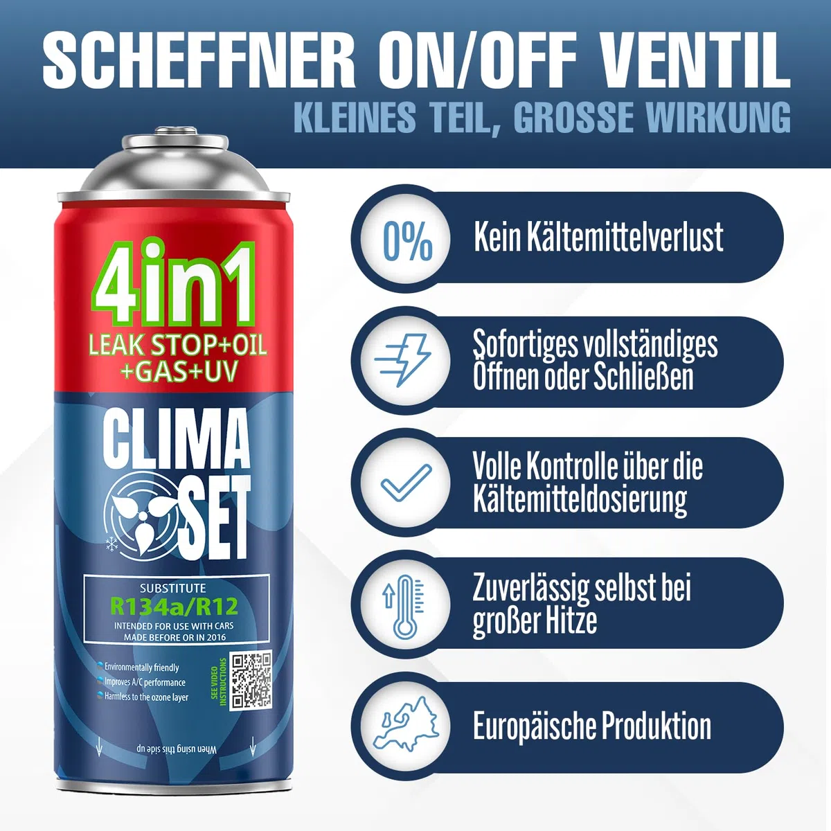 CLIMASET - Klimaanlage Auto Befüllen - Klima Auffüllen Auto Set - 2x 4in1 R134a + Schlauch - für Fahrzeuge 1994–2016, mit Modernem Schlauch & Manometer, Einfaches Nachfüllen