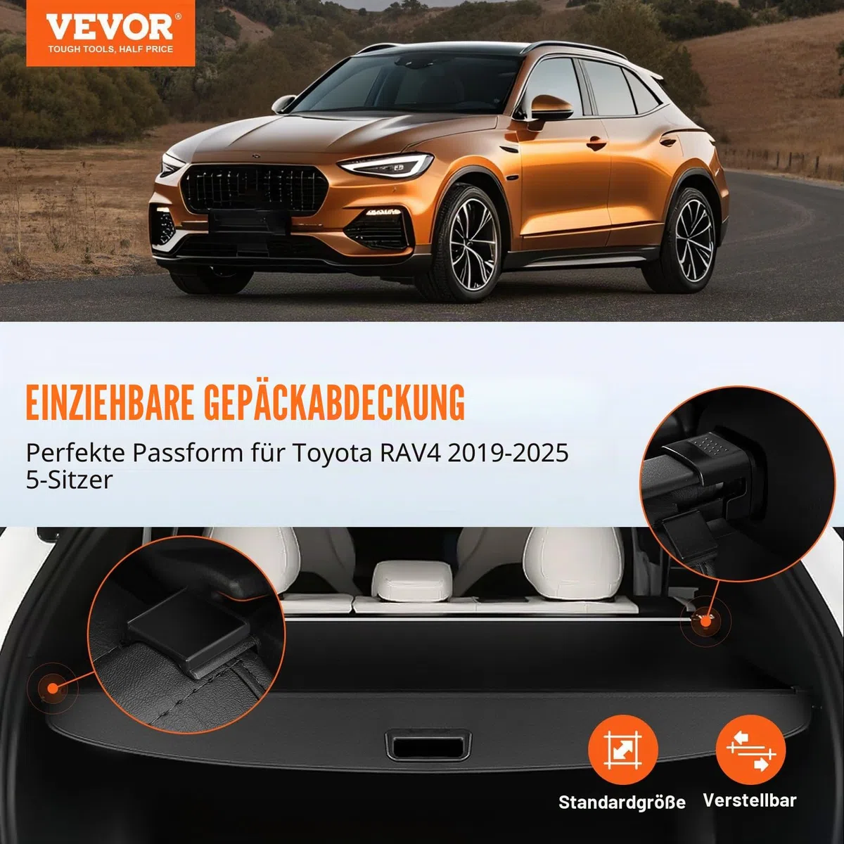 VEVOR Einziehbare Laderaumabdeckung wasserfeste Kofferraumabdeckung für Toyota RAV4 2019–2025 5-Seater, UV-beständige Kofferraumabdeckung aus Aluminiumlegierung & PVC-Lederstruktur
