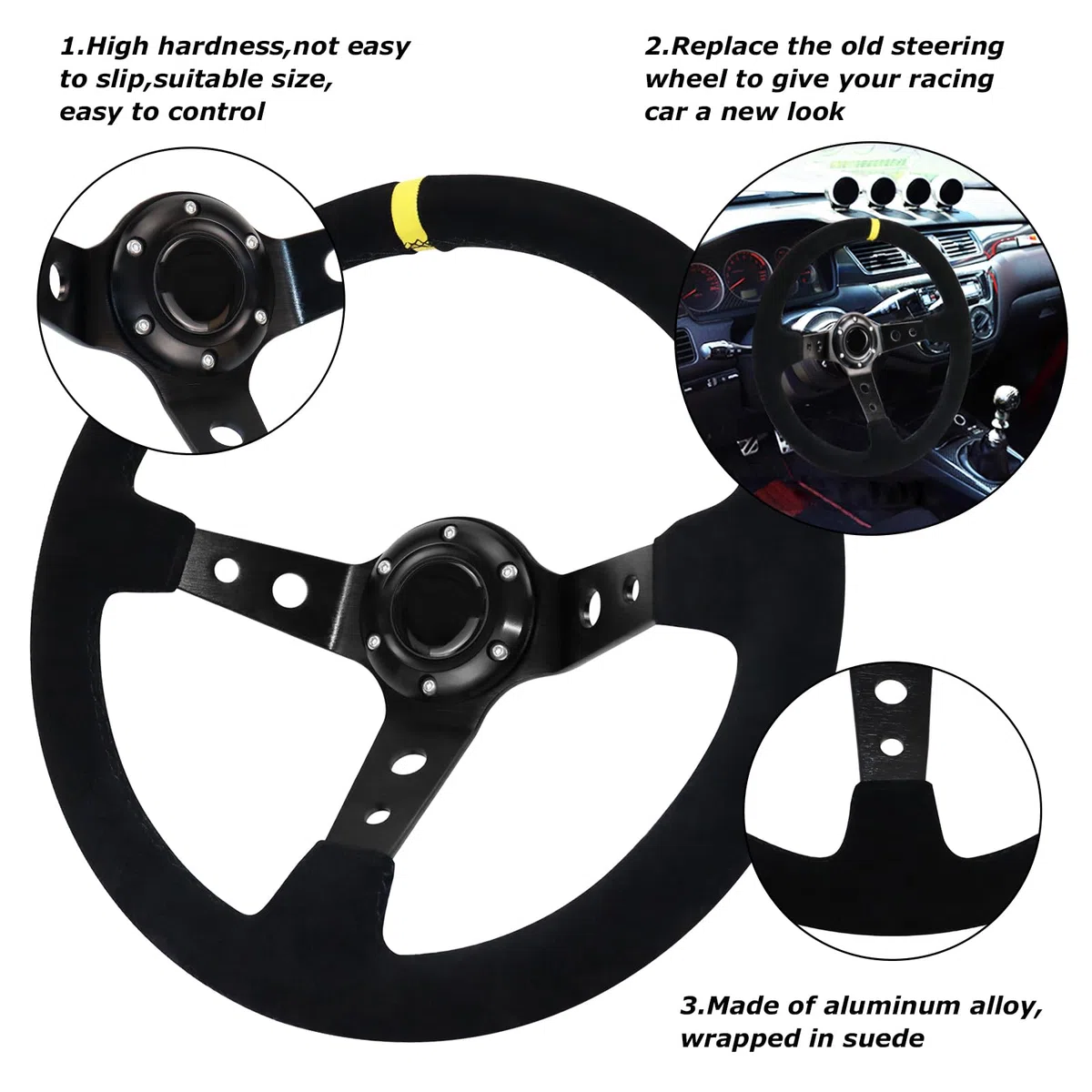 Universal Racing Lenkrad, Gaming Lenkrad 13.6" 6 Schrauben Griff Wildleder Deep Dish mit Horn Taste für Rennen/Rallye/Motorsport/Auto Sim Fahren(Schwarz)