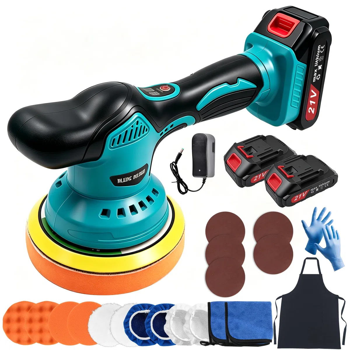 Poliermaschine Auto Akku 8 Variable Geschwindigkeiten, 6 Inch Exzenter Poliermaschine Auto 6000RPM für Auto Detailpflege, Mini Car Polishing Machine Set mit 2*21V Batterie und 22pcs Aufsätze