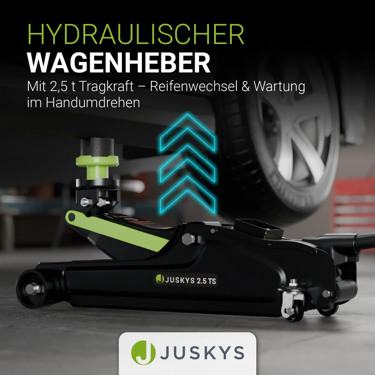 Juskys Wagenheber 2,5 t – Hydraulischer Rangierwagenheber aus Stahl 85–390 mm, mit Transportbox, Gummiauflagen & Zubehör – Schwarz/Grün